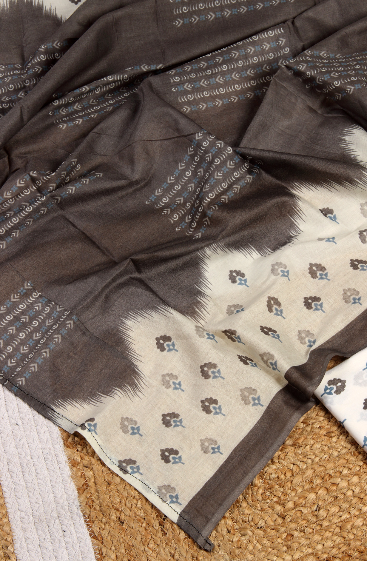 Cream and Grey Cotton Printed Unstitched Dress Material - 983-4508