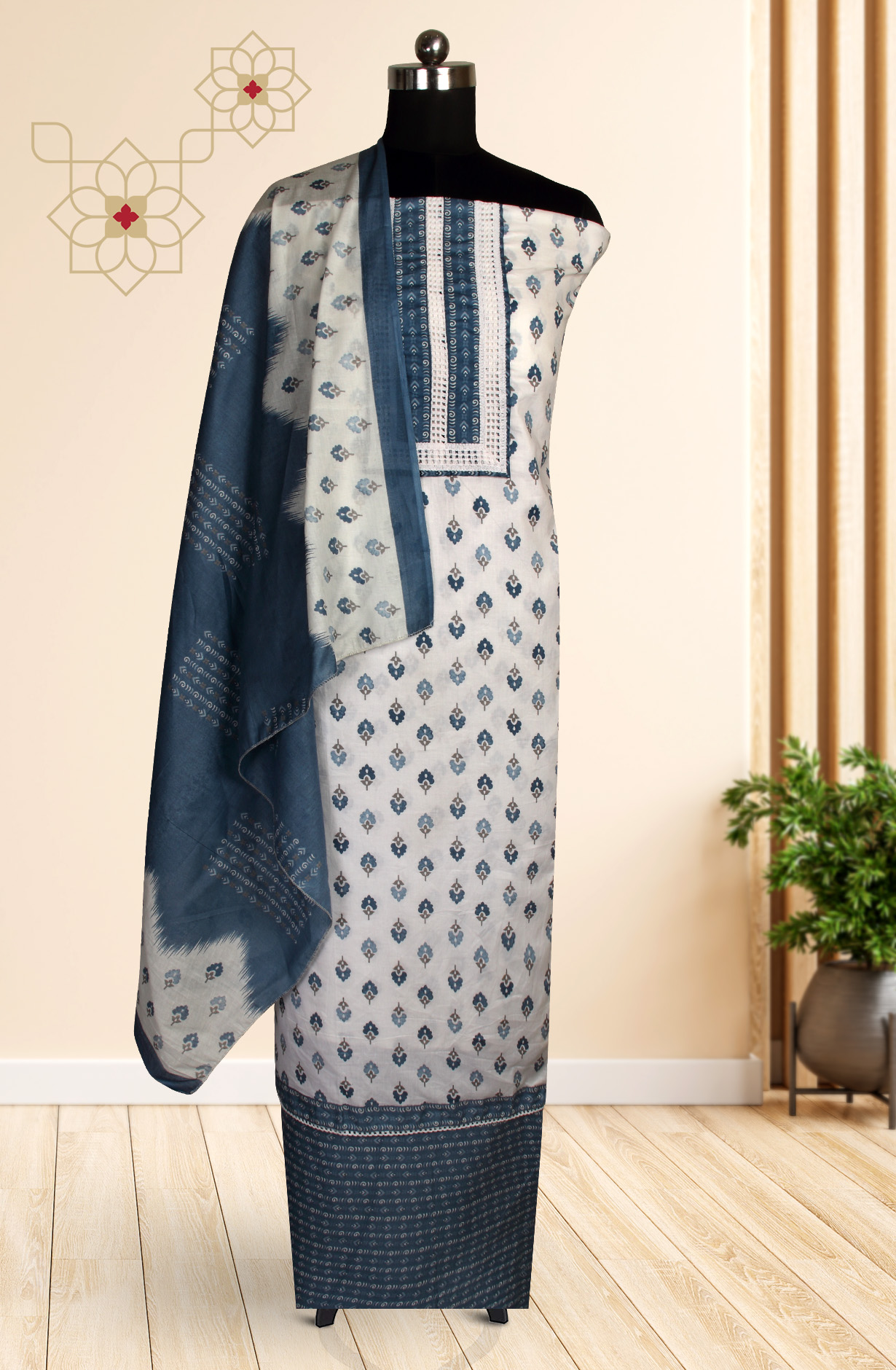 Grey and Cream Cotton Printed Unstitched Dress Material with Dupatta - 983-4508A