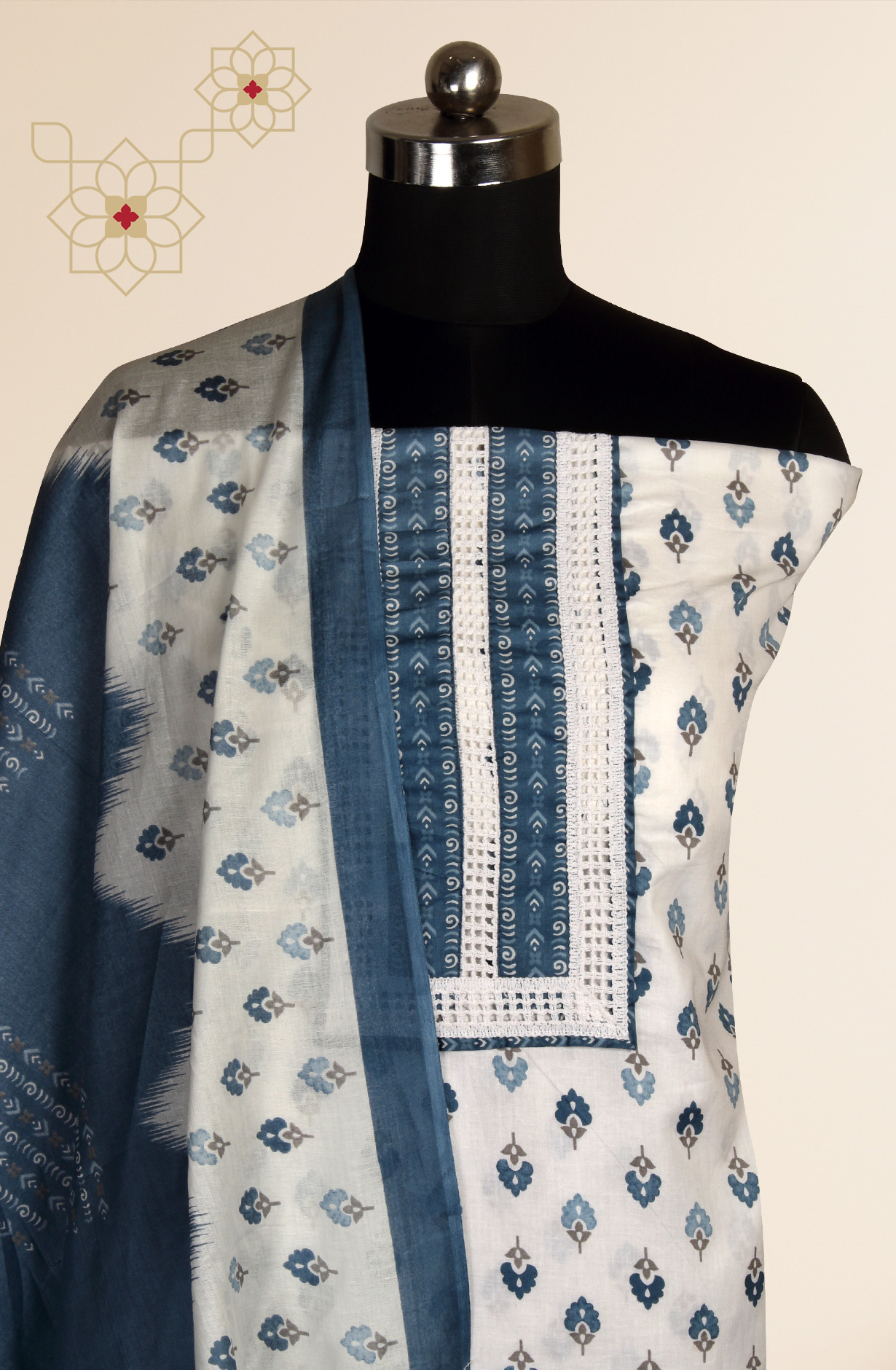 Grey and Cream Cotton Printed Unstitched Dress Material with Dupatta - 983-4508A