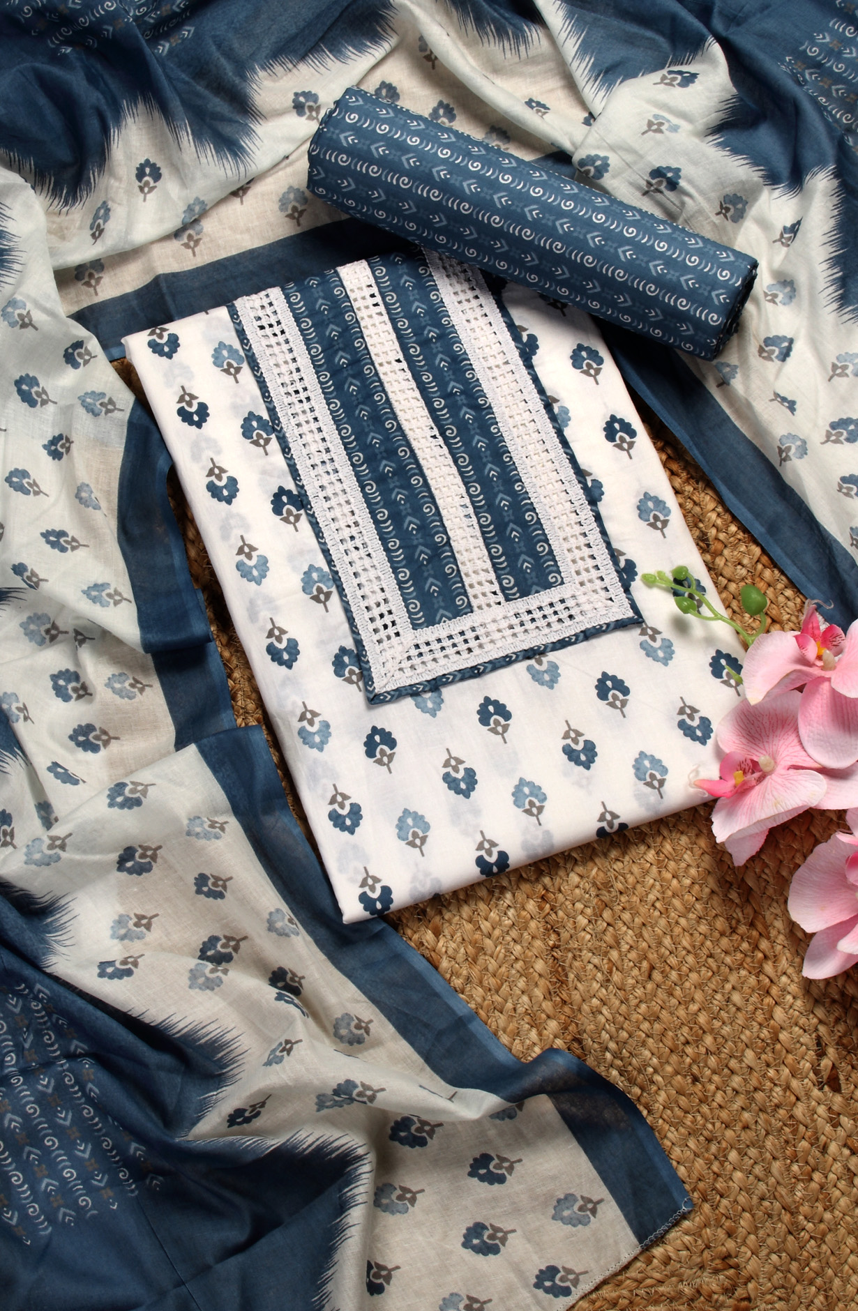 Grey and Cream Cotton Printed Unstitched Dress Material with Dupatta - 983-4508A