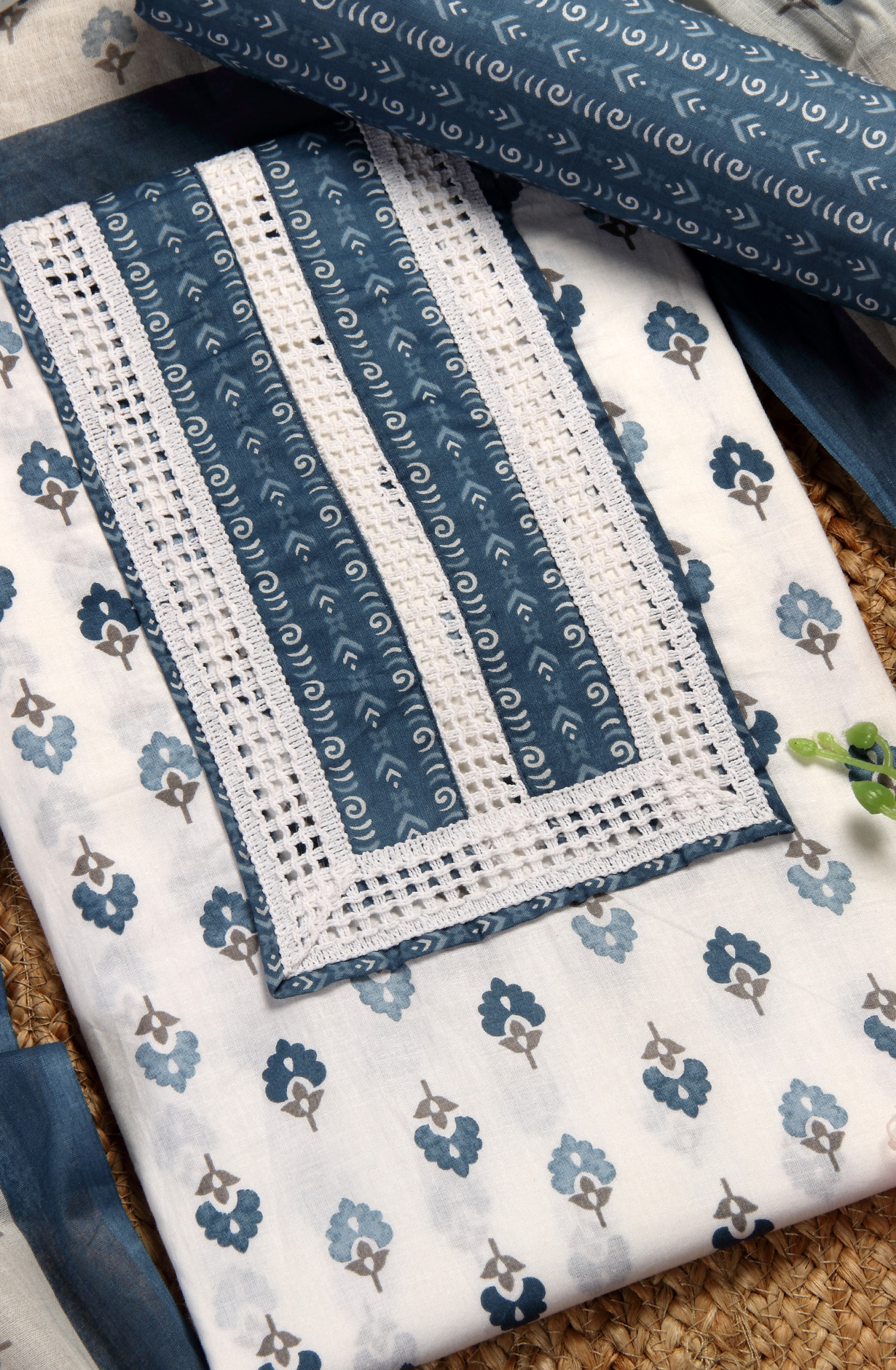 Grey and Cream Cotton Printed Unstitched Dress Material with Dupatta - 983-4508A