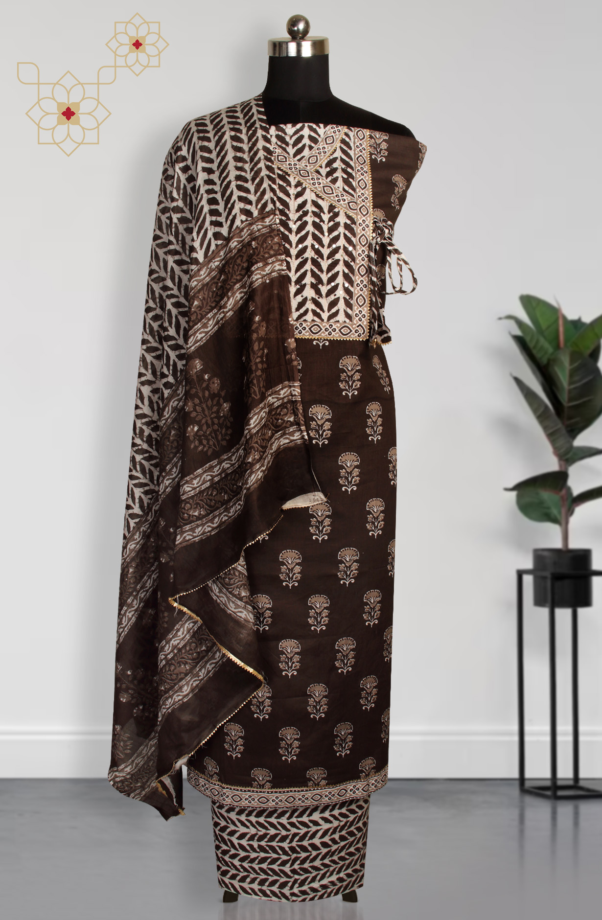 Coffee Cotton Printed Unstitched Dress Material - 983-4542-42A