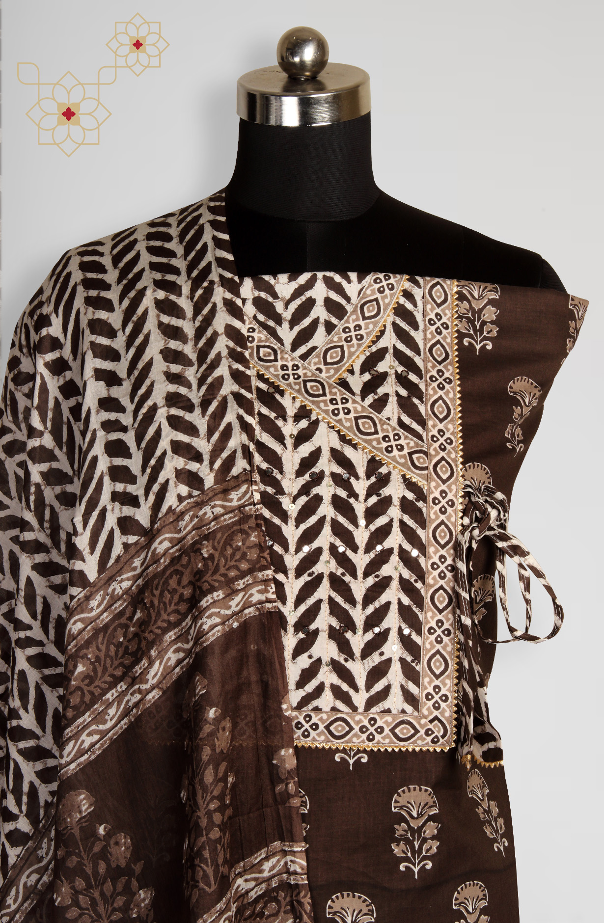 Coffee Cotton Printed Unstitched Dress Material - 983-4542-42A