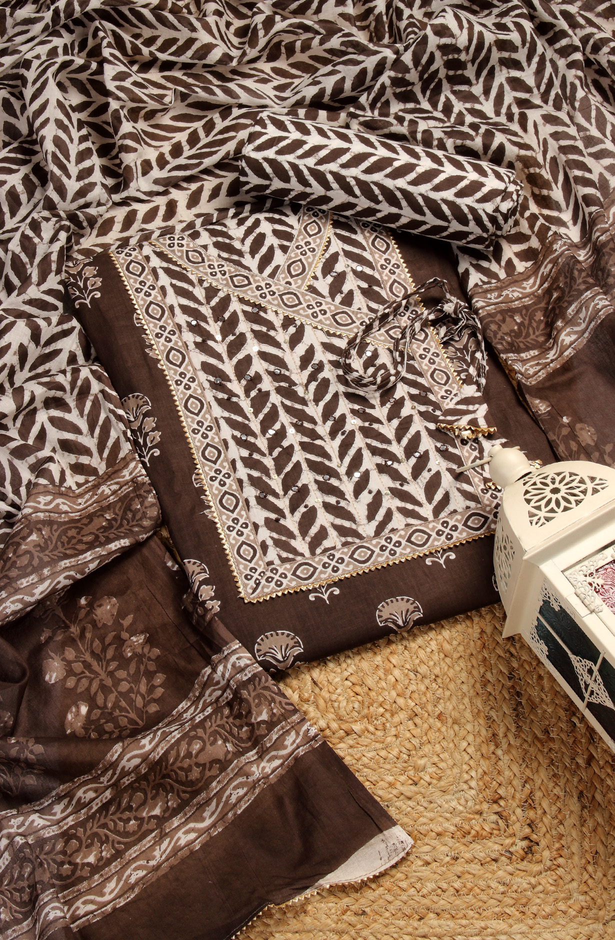 Coffee Cotton Printed Unstitched Dress Material - 983-4542-42A