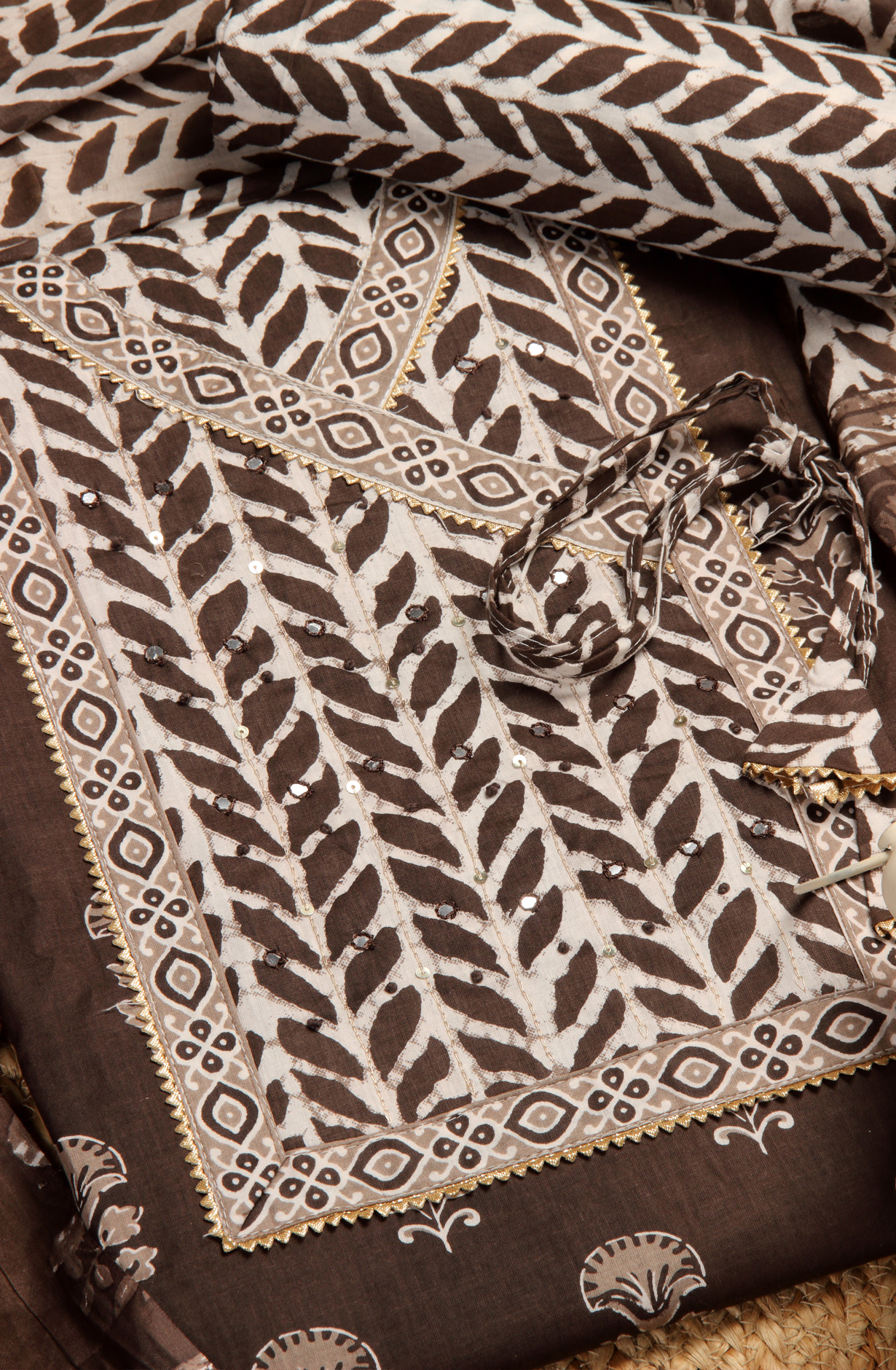 Coffee Cotton Printed Unstitched Dress Material - 983-4542-42A