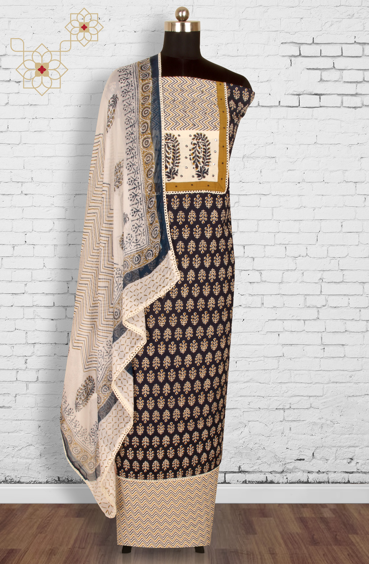 Blue Cotton Printed Unstitched Salwar Kameez - 983-4550-1B