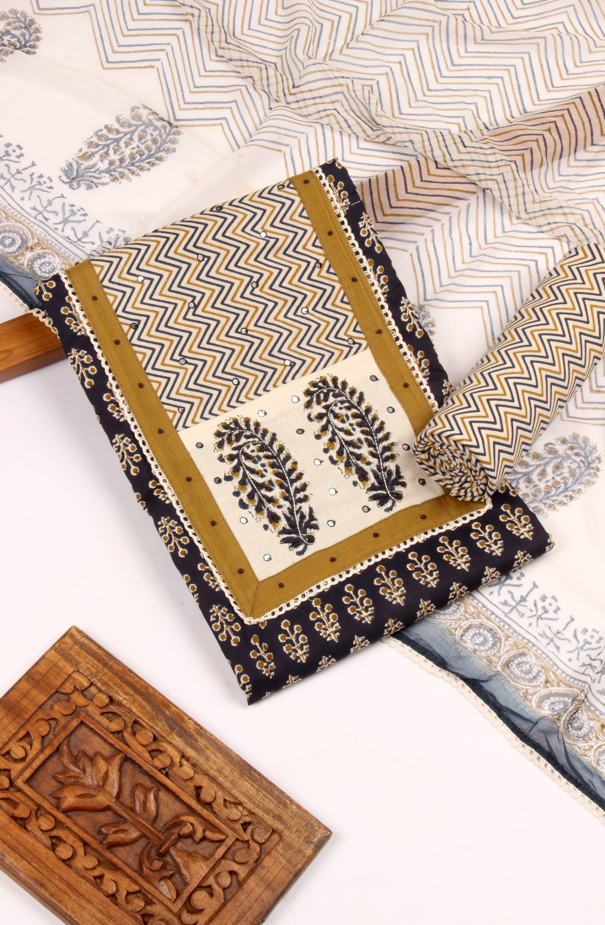 Blue Cotton Printed Unstitched Salwar Kameez - 983-4550-1B