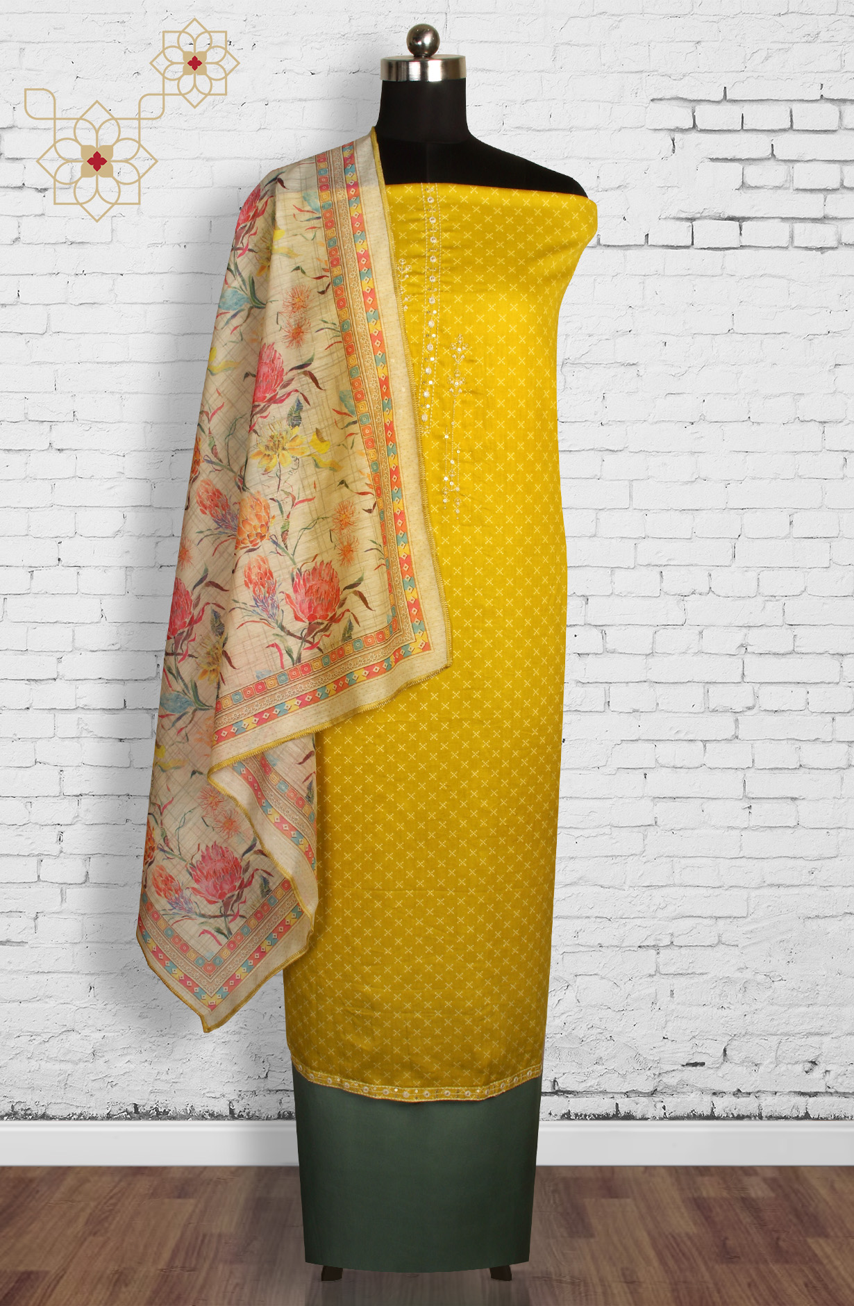 Mehndi and Green Cotton Printed Unstitched Dress Material - 983-4553B