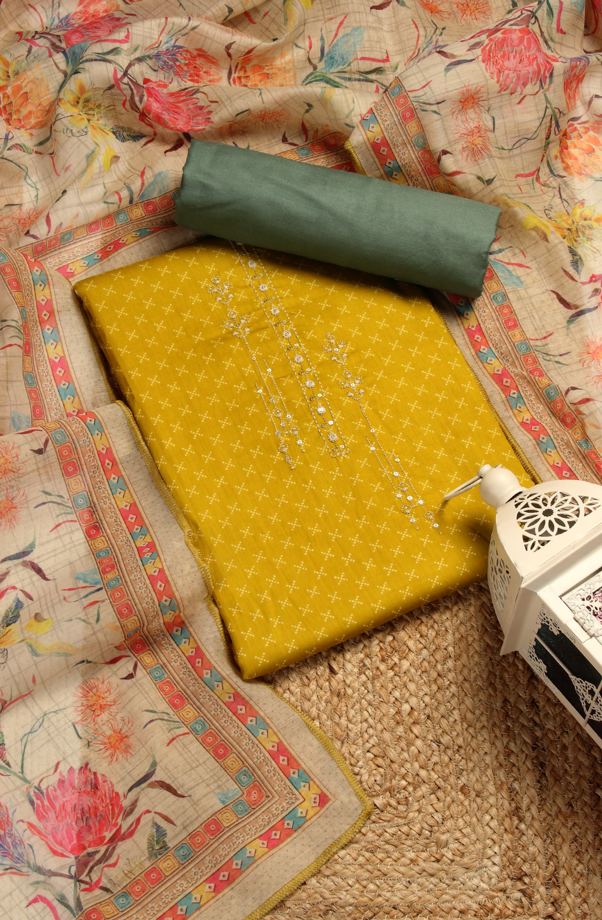 Mehndi and Green Cotton Printed Unstitched Dress Material - 983-4553B