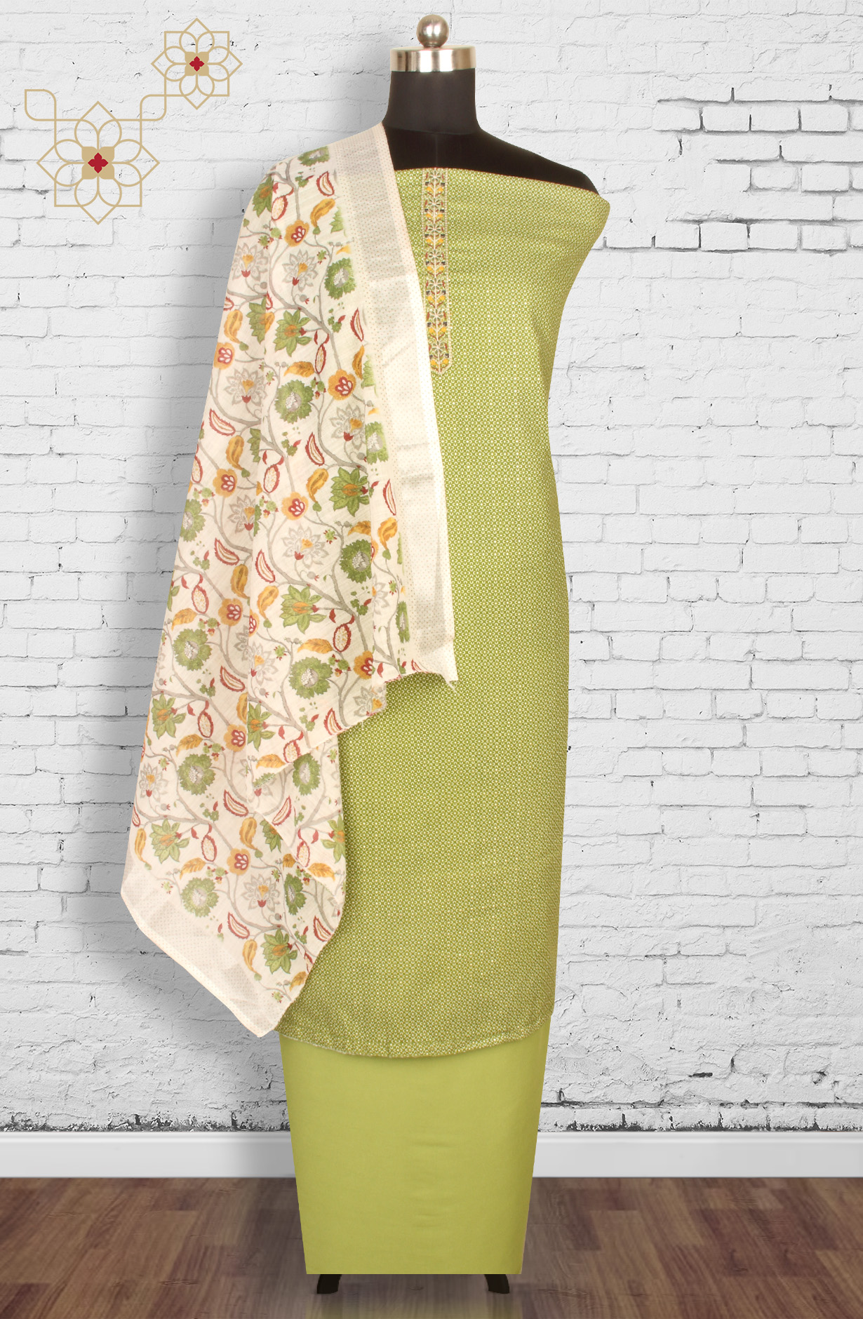 Mehndi Green Cotton Printed Salwar Dress Material - 983-4569