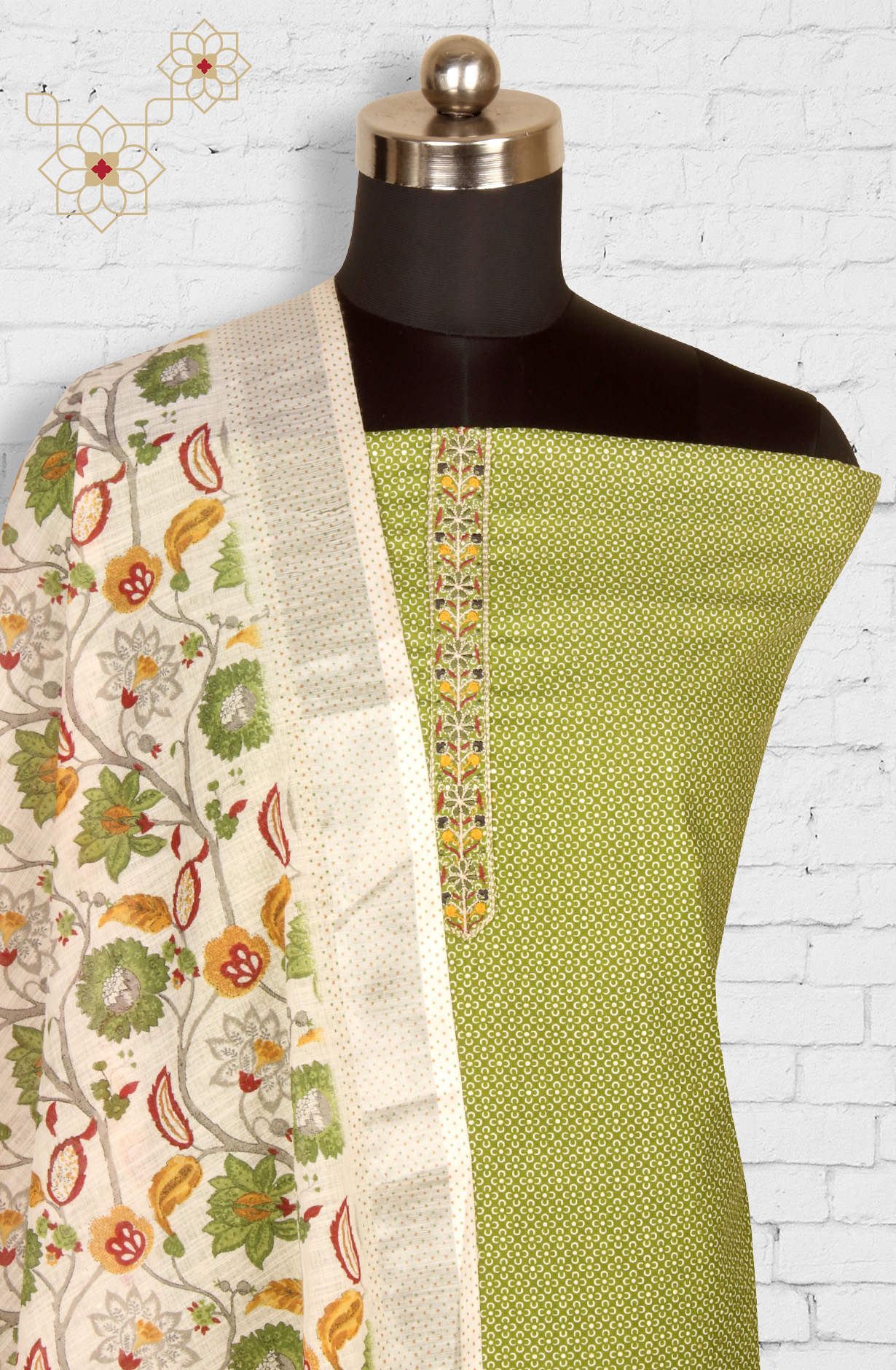 Mehndi Green Cotton Printed Salwar Dress Material - 983-4569