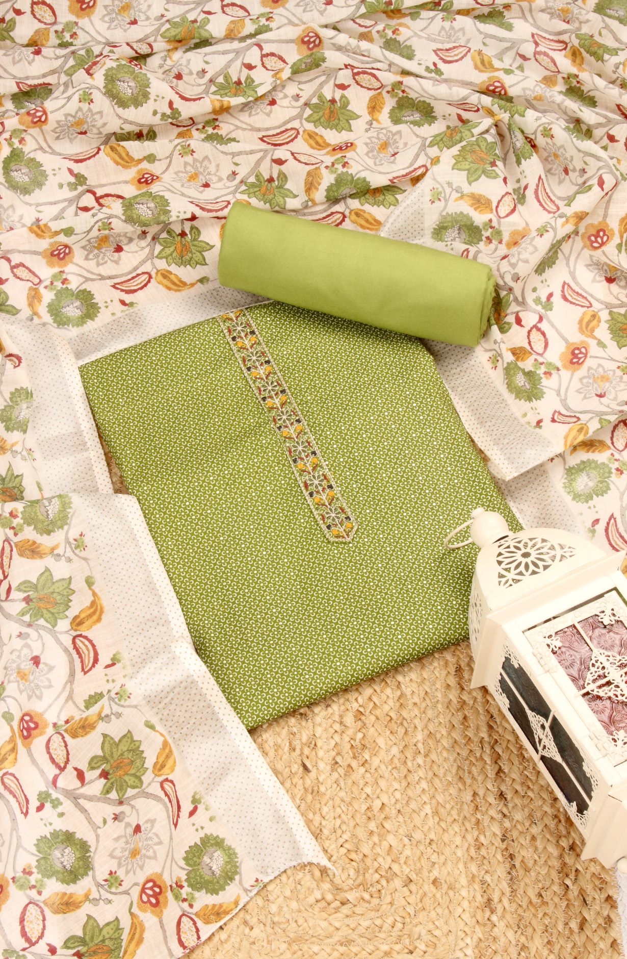 Mehndi Green Cotton Printed Salwar Dress Material - 983-4569