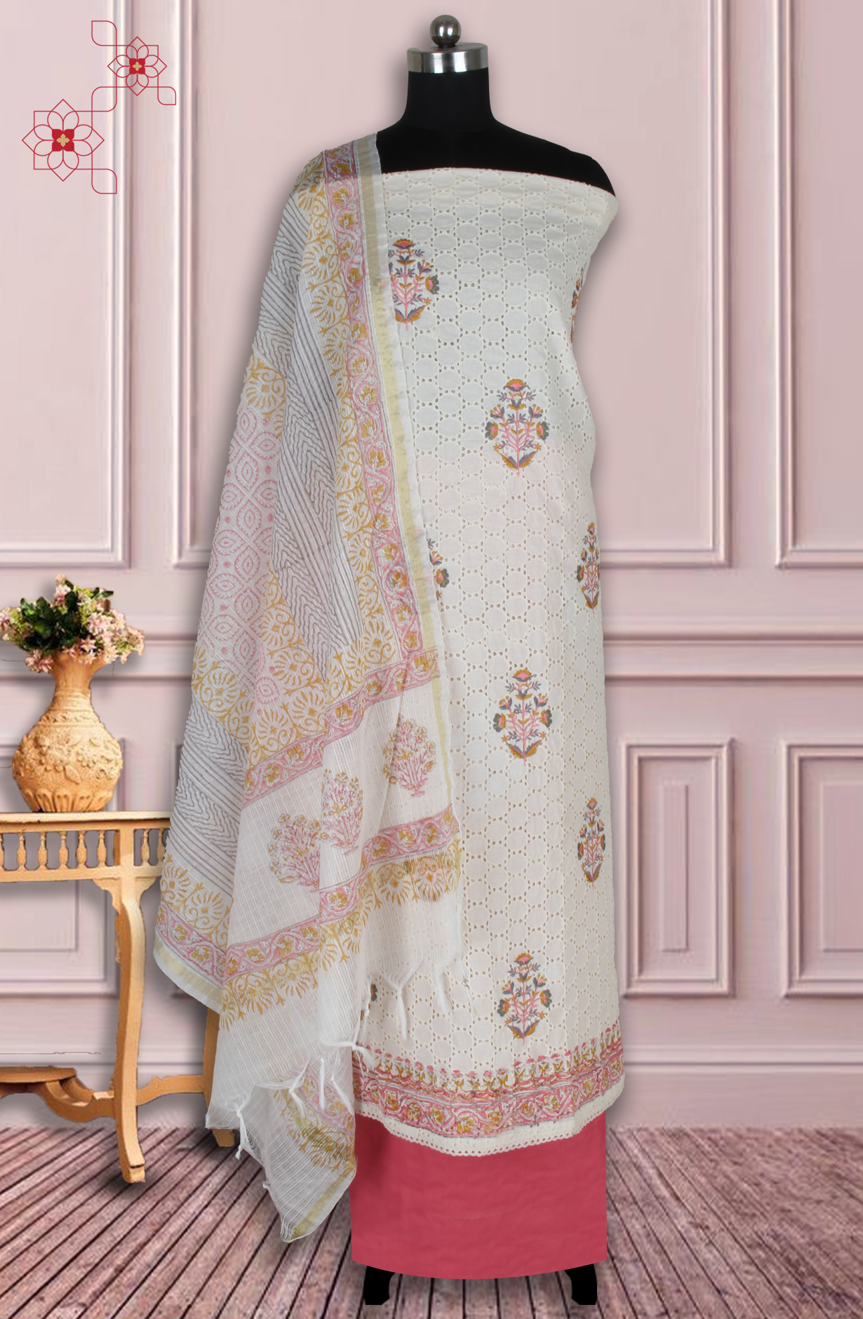 Off-white Pink Cotton Embroidered Salwar Suit Fabric with Trendy Dupatta - 983-4614C