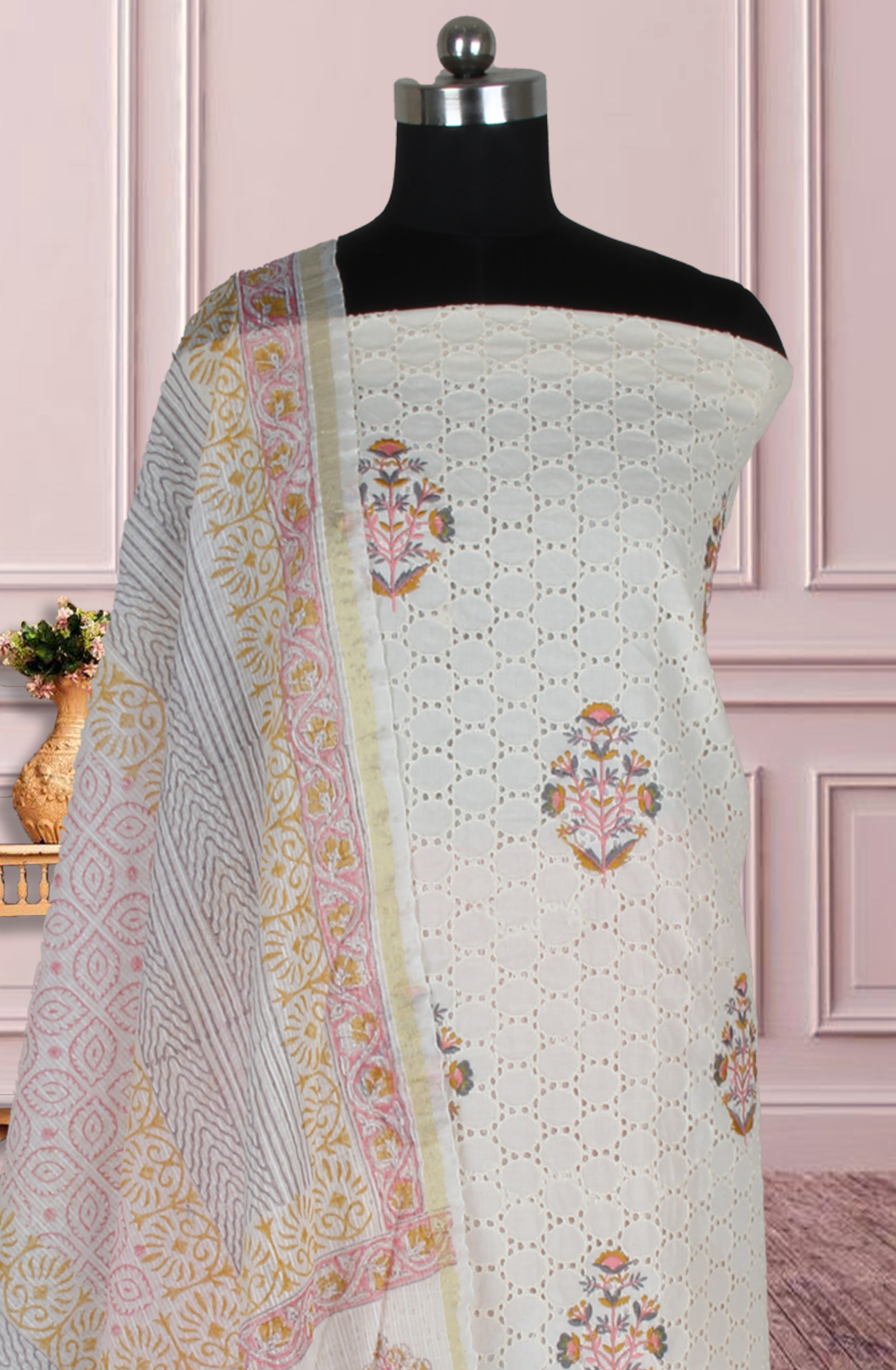 Off-white Pink Cotton Embroidered Salwar Suit Fabric with Trendy Dupatta - 983-4614C