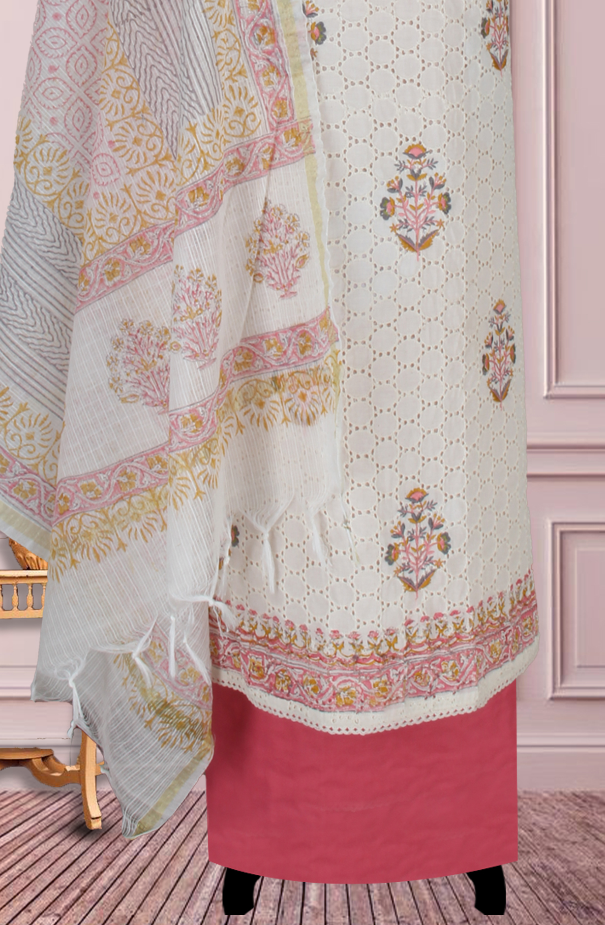 Off-white Pink Cotton Embroidered Salwar Suit Fabric with Trendy Dupatta - 983-4614C