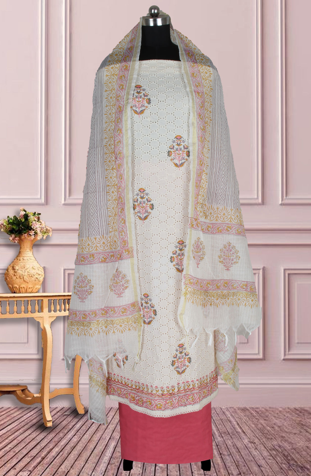 Off-white Pink Cotton Embroidered Salwar Suit Fabric with Trendy Dupatta - 983-4614C