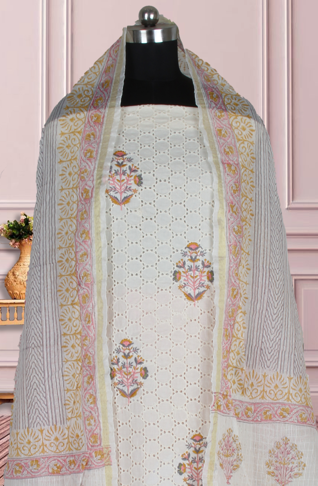Off-white Pink Cotton Embroidered Salwar Suit Fabric with Trendy Dupatta - 983-4614C