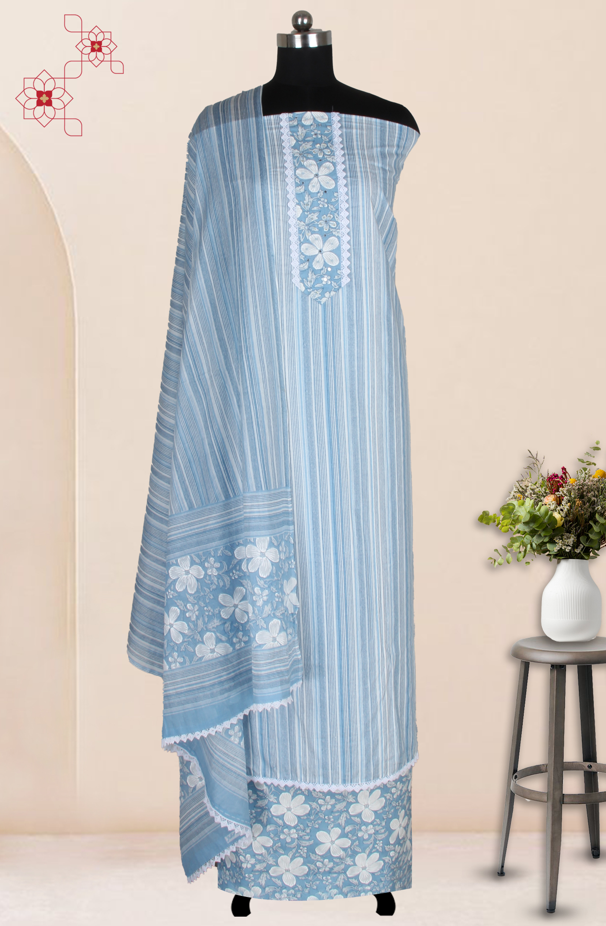 Pastel Blue Cotton Printed Unstitched Suit Fabric with Dupatta - 983-4673