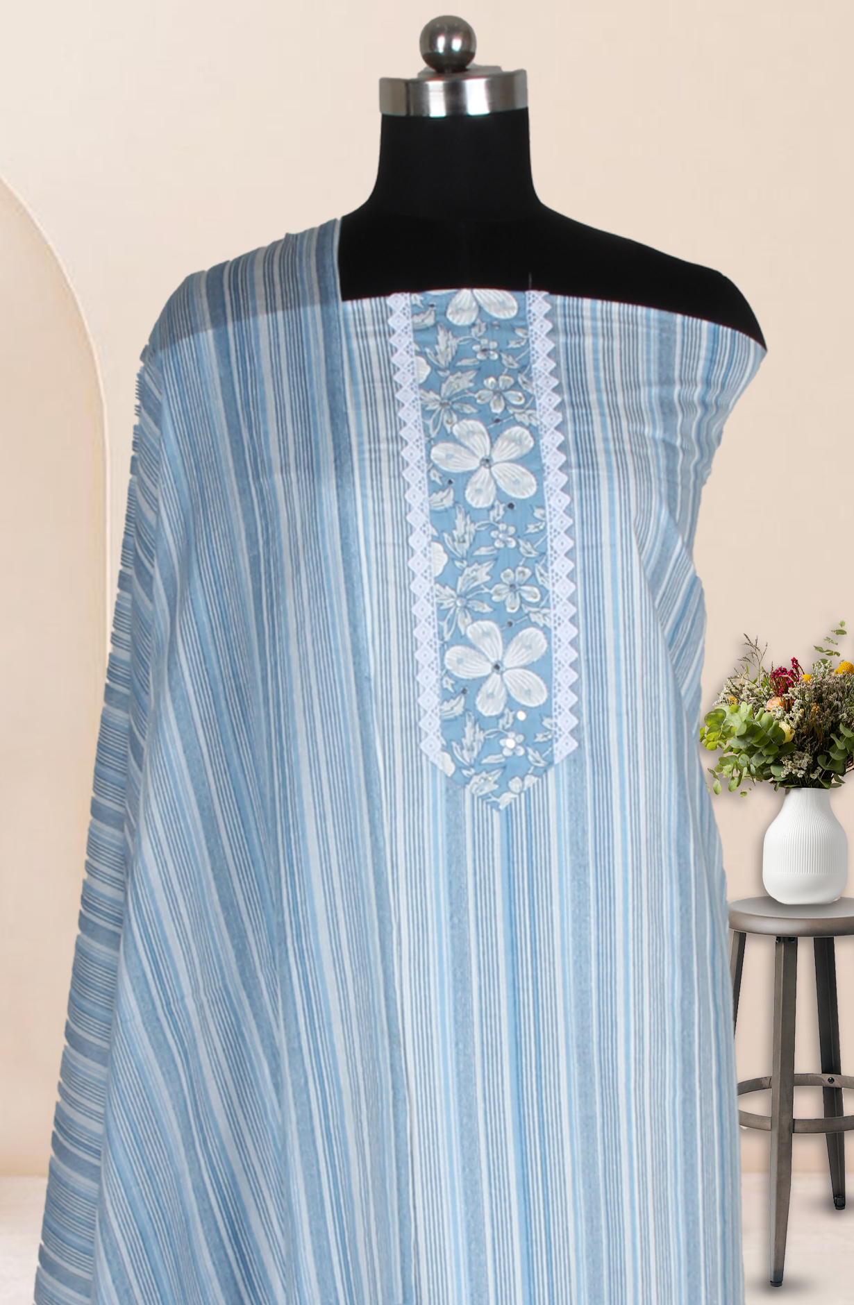 Pastel Blue Cotton Printed Unstitched Suit Fabric with Dupatta - 983-4673