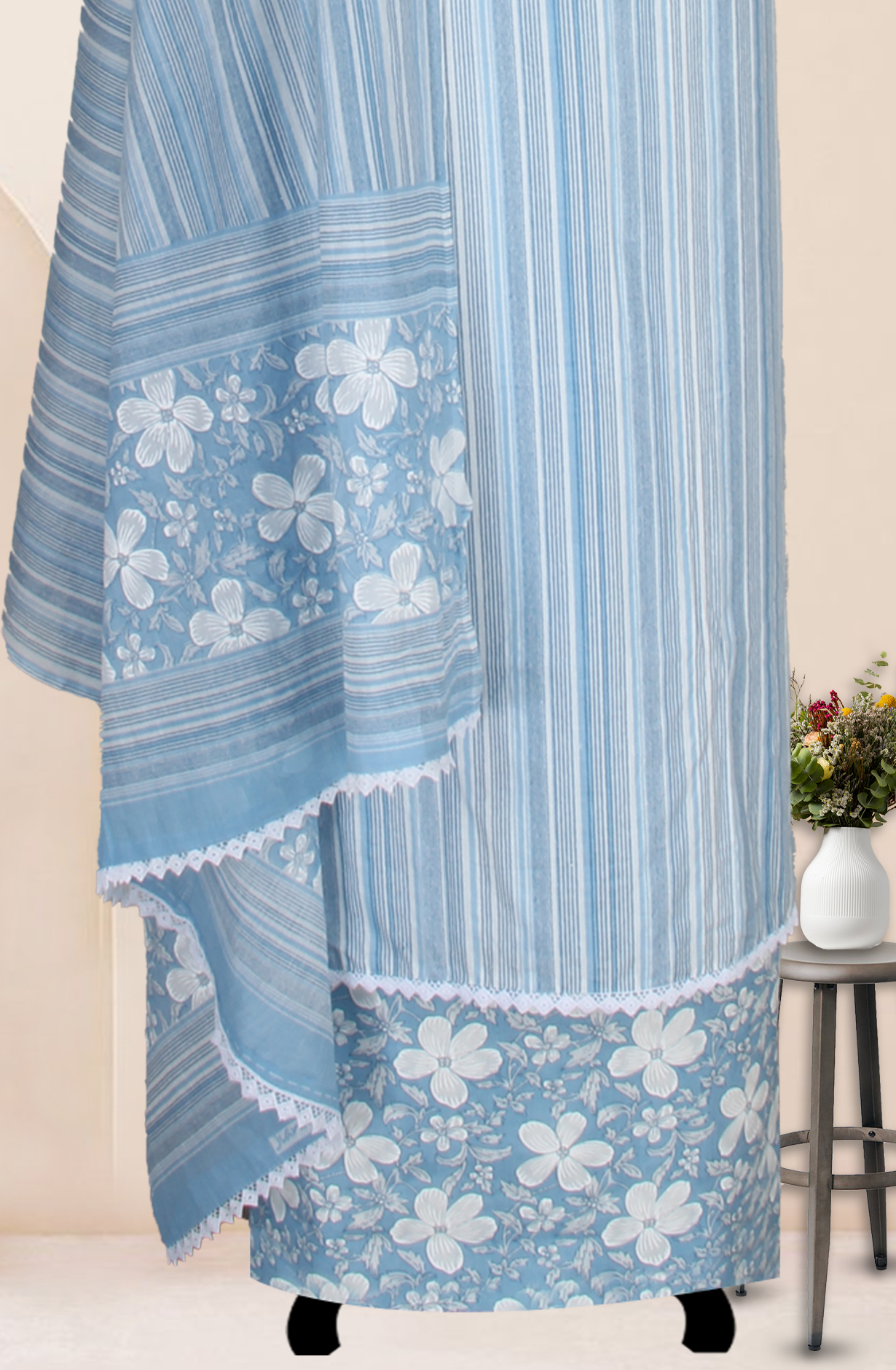 Pastel Blue Cotton Printed Unstitched Suit Fabric with Dupatta - 983-4673