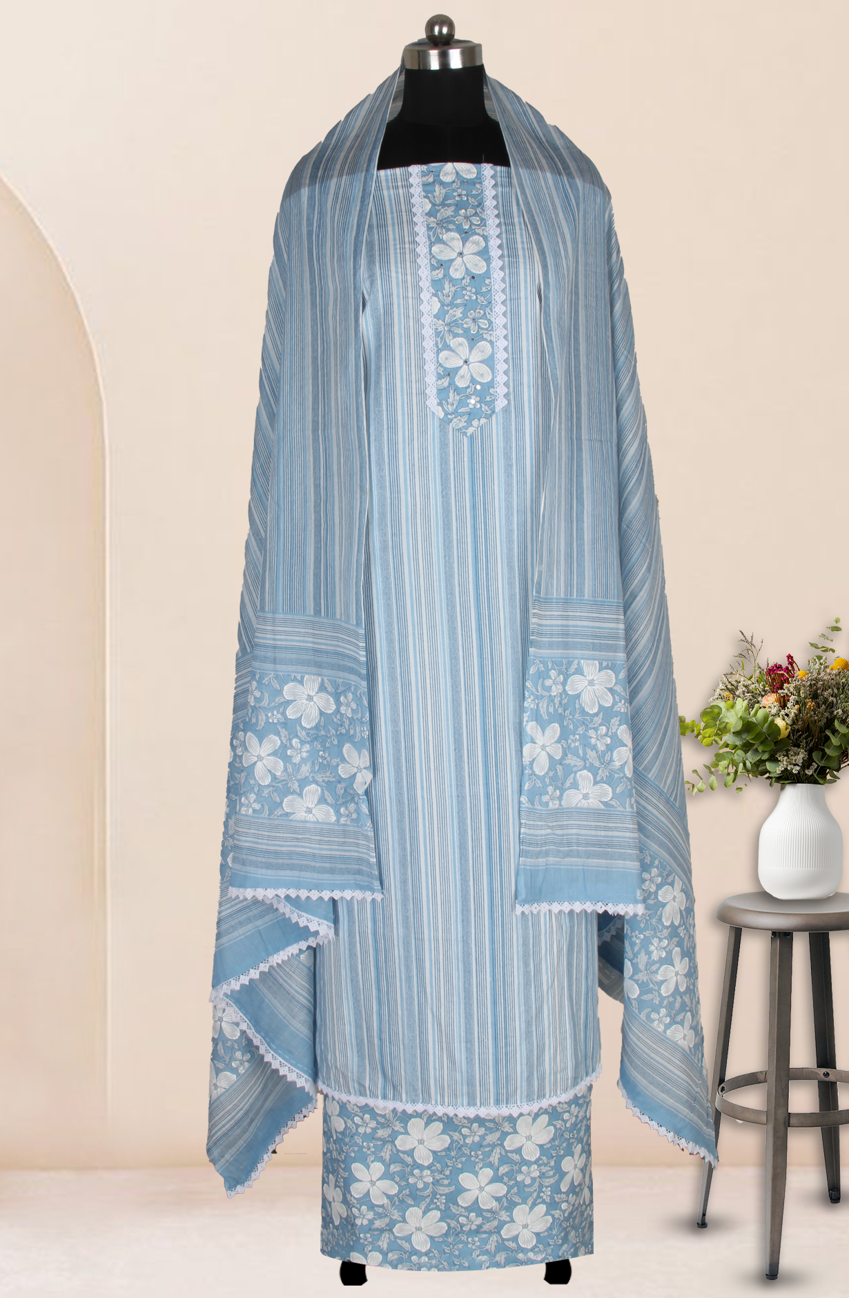 Pastel Blue Cotton Printed Unstitched Suit Fabric with Dupatta - 983-4673