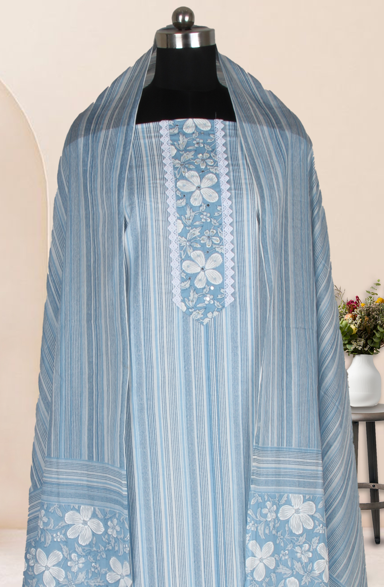Pastel Blue Cotton Printed Unstitched Suit Fabric with Dupatta - 983-4673