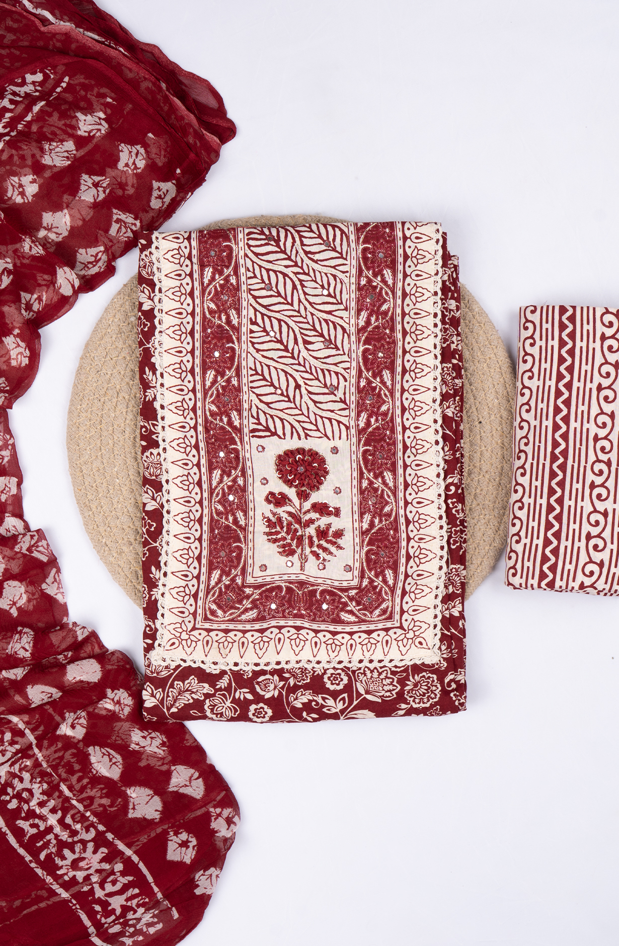 Wine Cotton Printed Suit- Set with Cotton Dupatta - 983-4807-24a