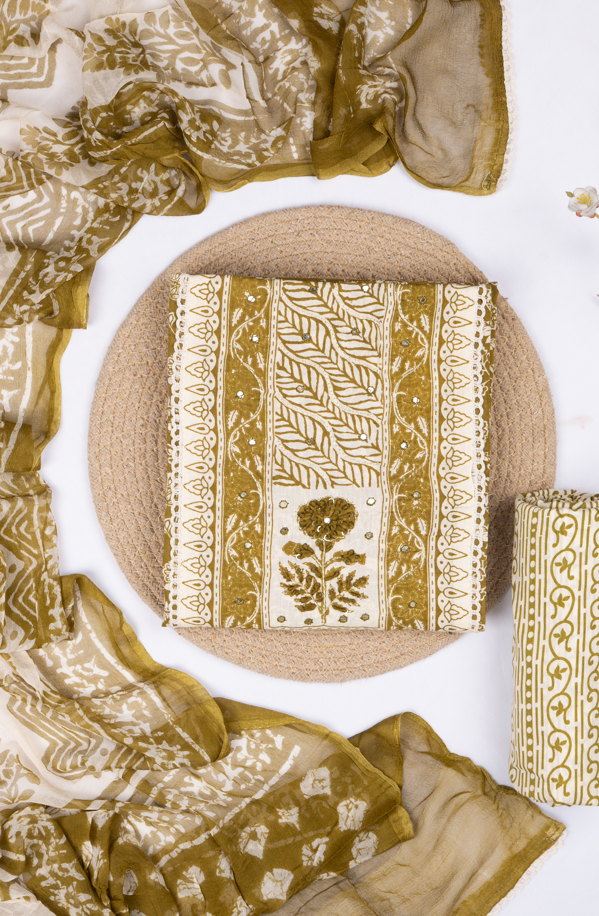 Mehndi Cotton Printed Suit- Set with Cotton Dupatta - 983-4807-24C