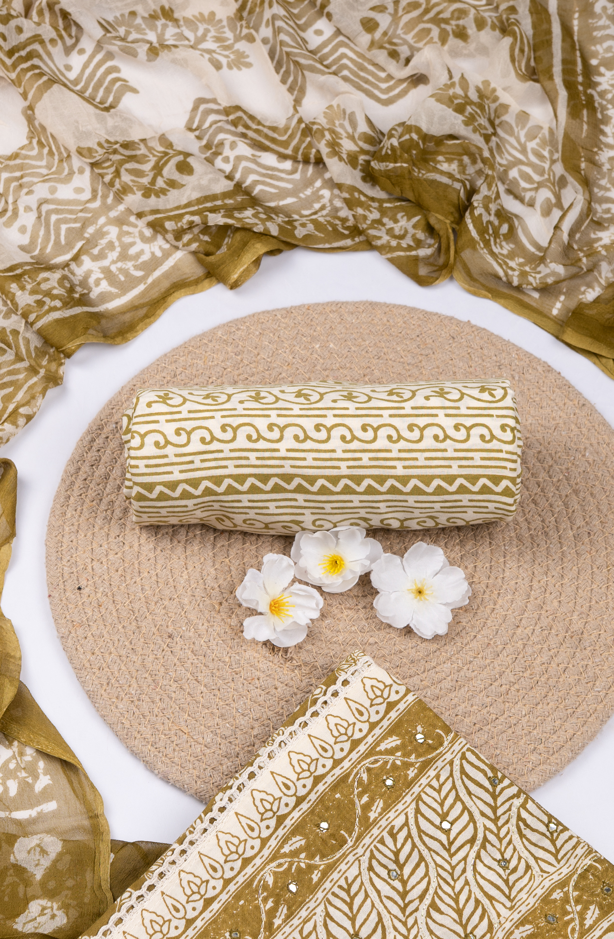 Mehndi Cotton Printed Suit- Set with Cotton Dupatta - 983-4807-24C