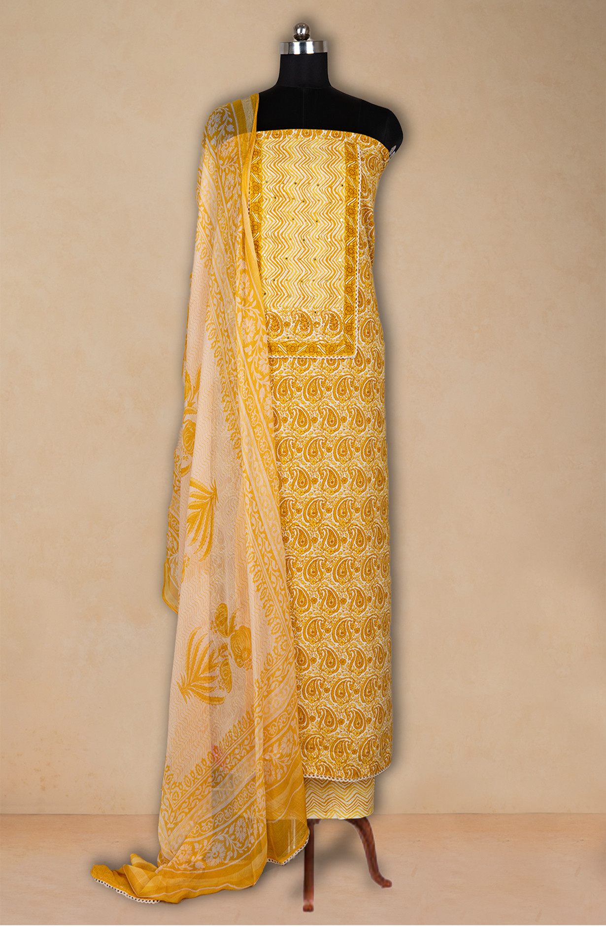 Mustard Cotton Printed Suit- Set with Cotton Dupatta -983-4807-26D