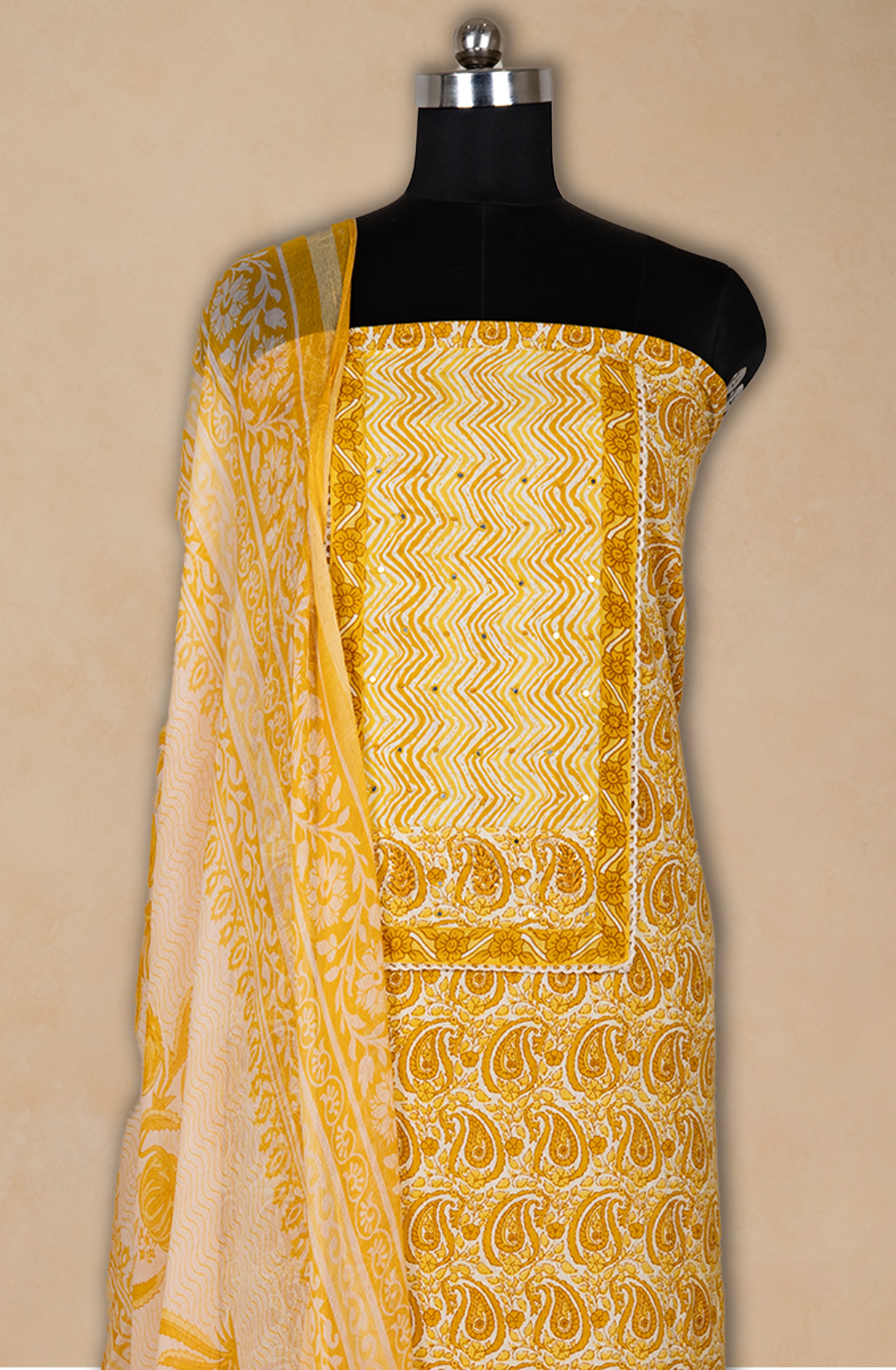 Mustard Cotton Printed Suit- Set with Cotton Dupatta -983-4807-26D