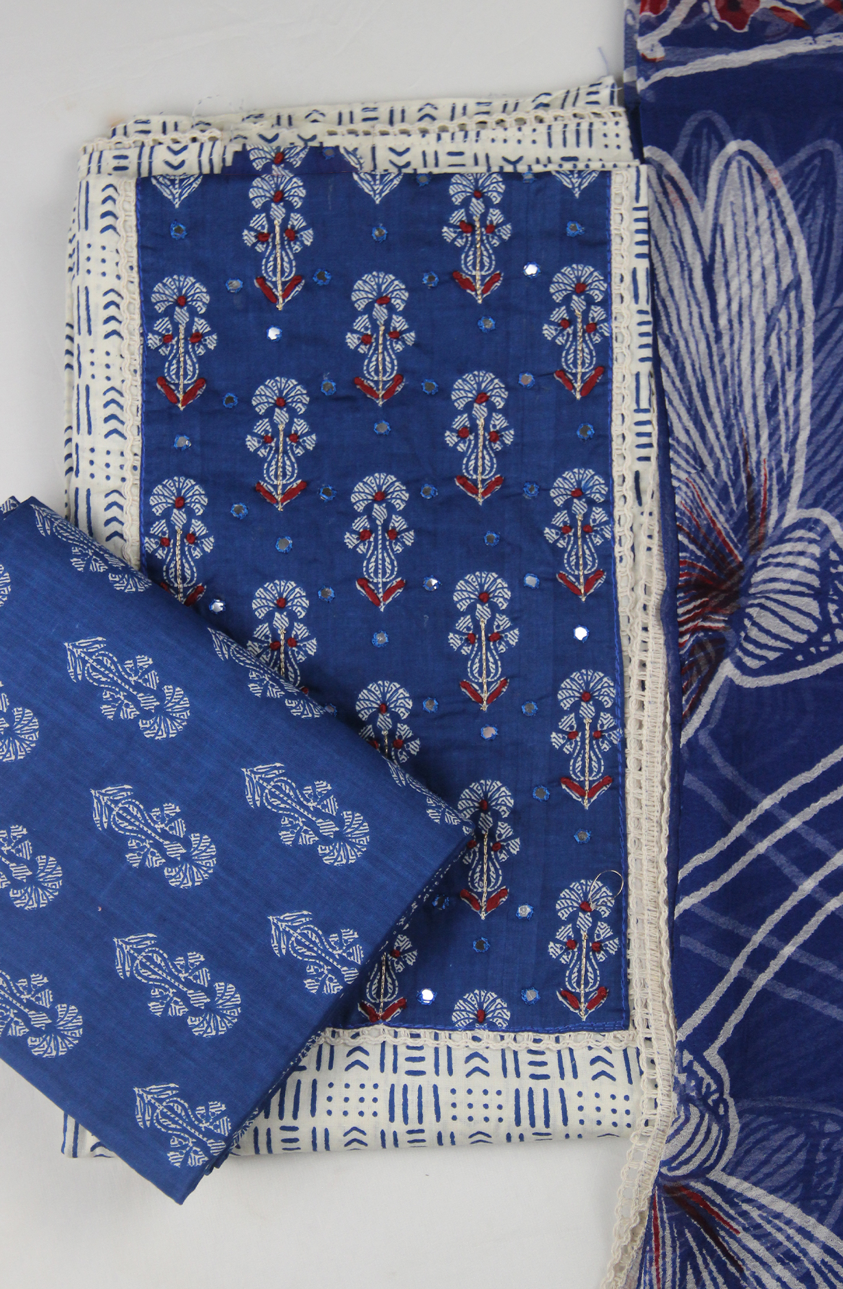Blue Printed Cotton Suit Set with Cotton Dupatta - 983-4807-7B