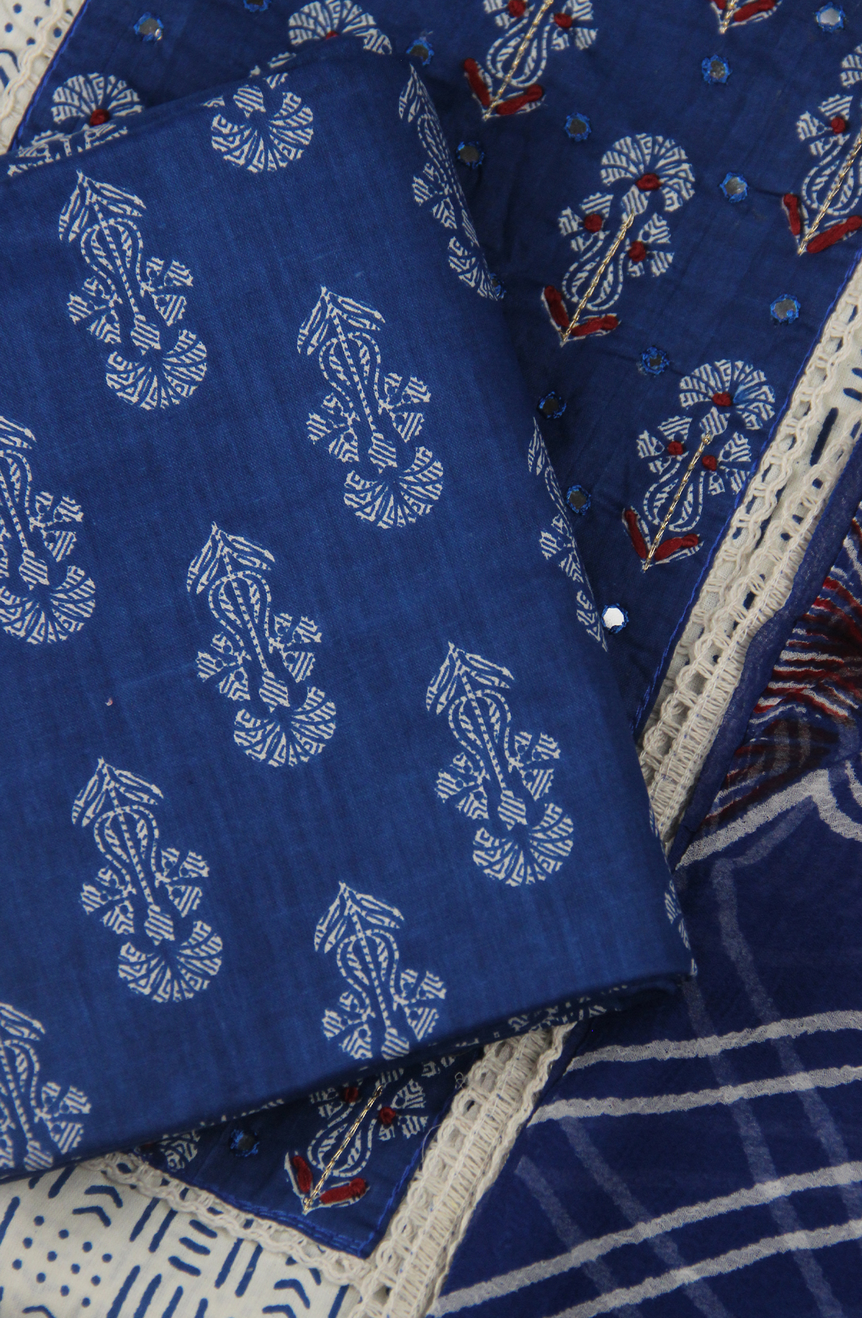 Blue Printed Cotton Suit Set with Cotton Dupatta - 983-4807-7B