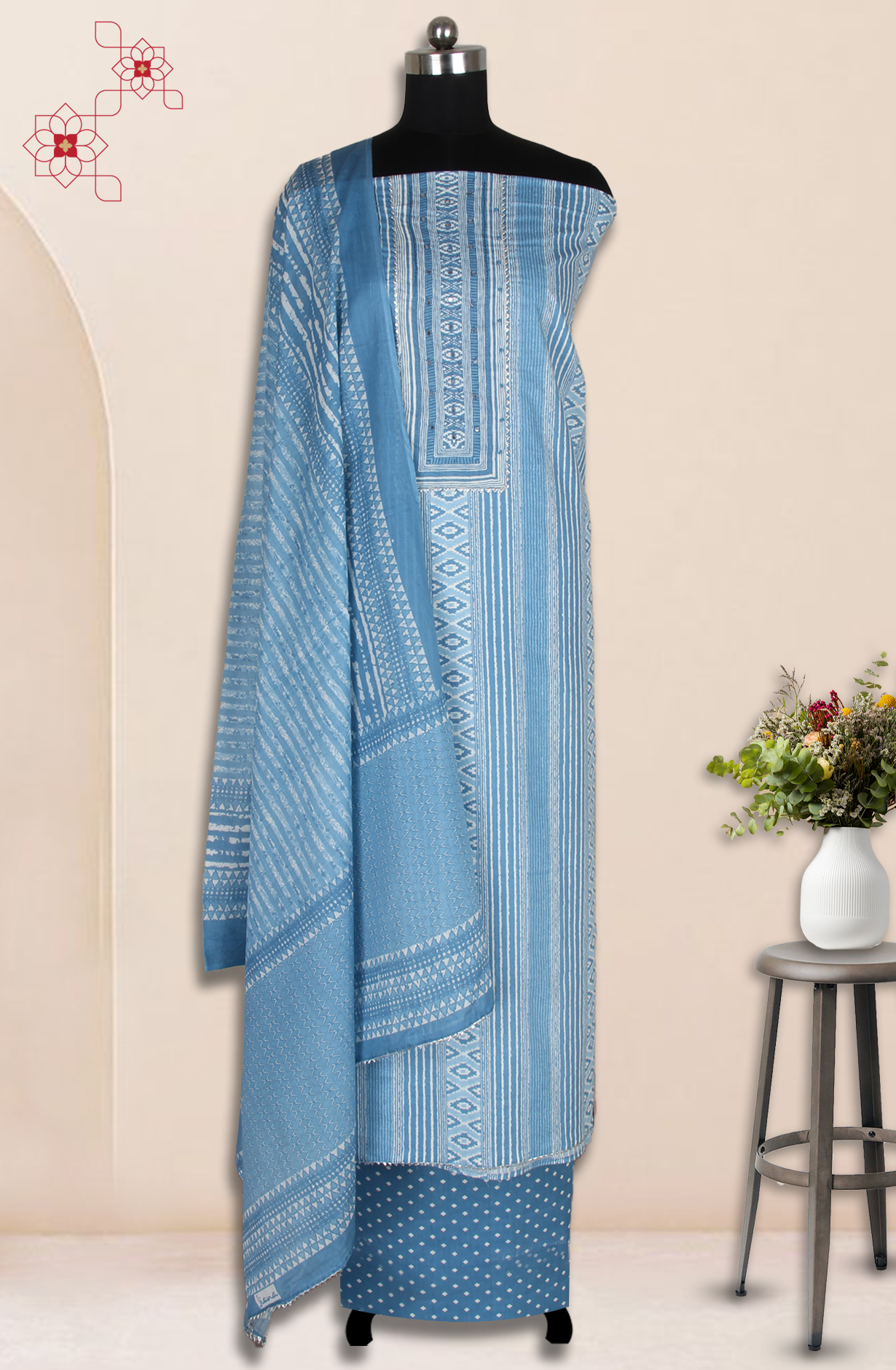 Pastel Grey Cotton Printed Salwar Suit Fabric with Dupatta - 983-4823