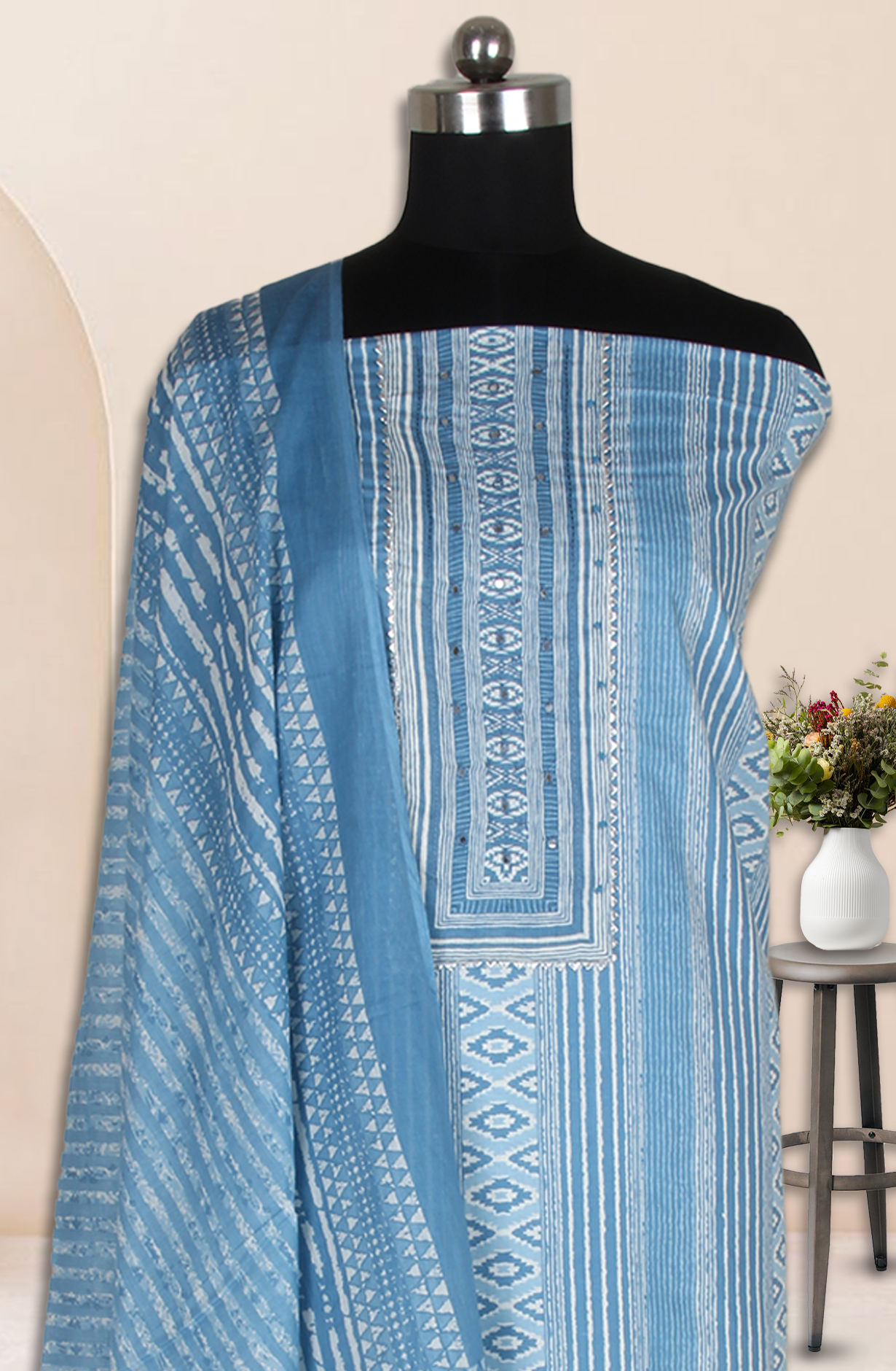 Pastel Grey Cotton Printed Salwar Suit Fabric with Dupatta - 983-4823