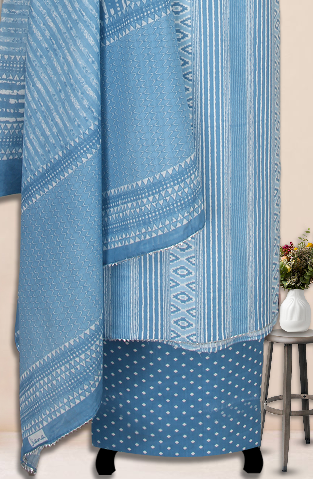 Pastel Grey Cotton Printed Salwar Suit Fabric with Dupatta - 983-4823