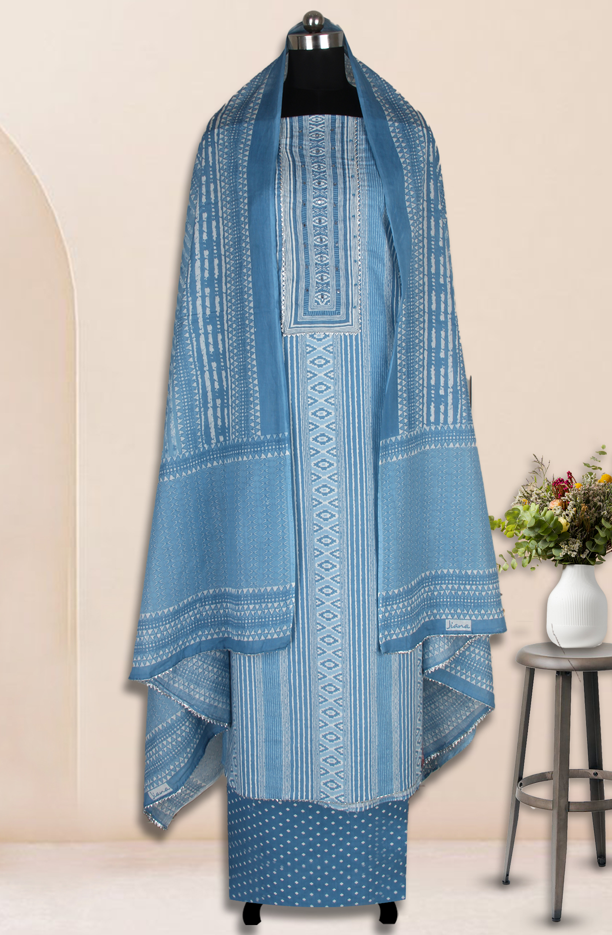 Pastel Grey Cotton Printed Salwar Suit Fabric with Dupatta - 983-4823