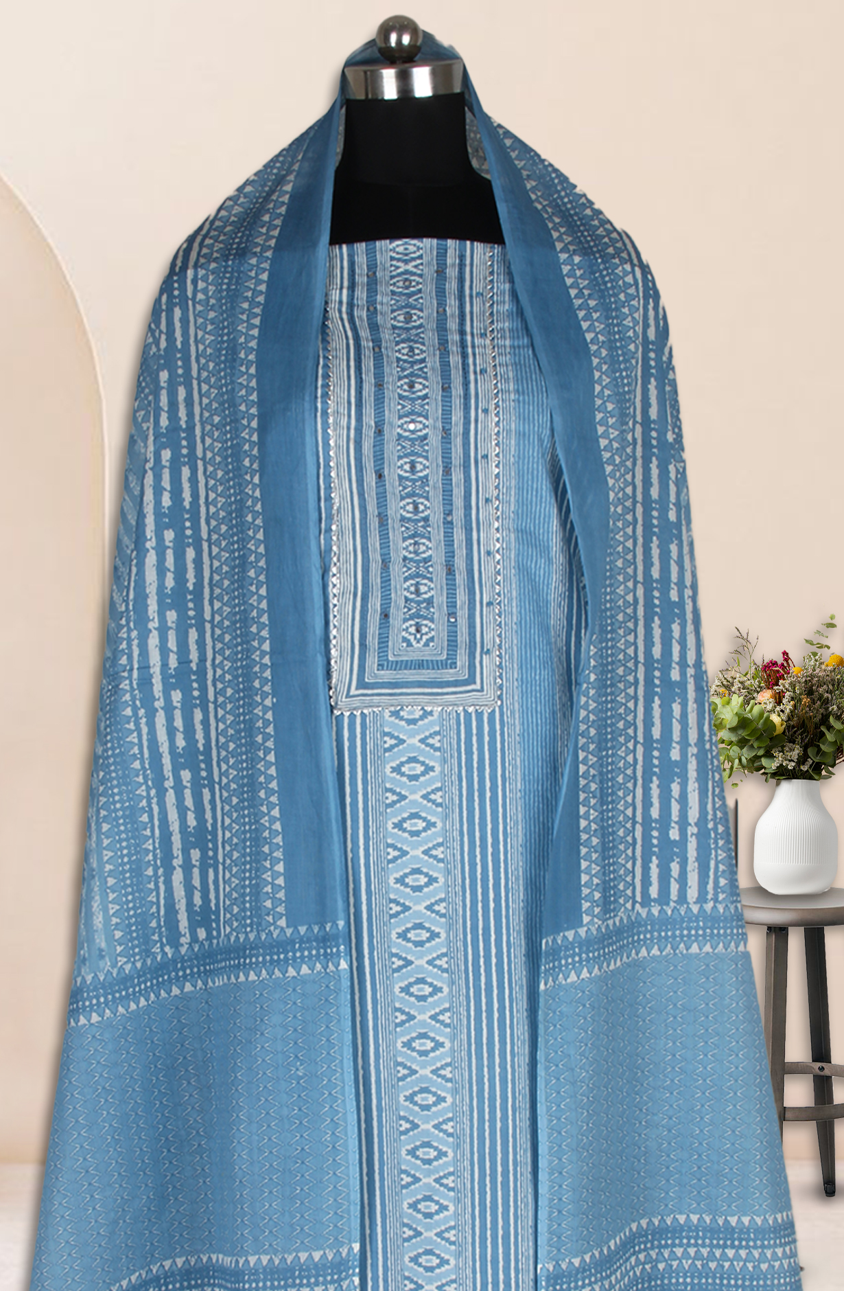 Pastel Grey Cotton Printed Salwar Suit Fabric with Dupatta - 983-4823