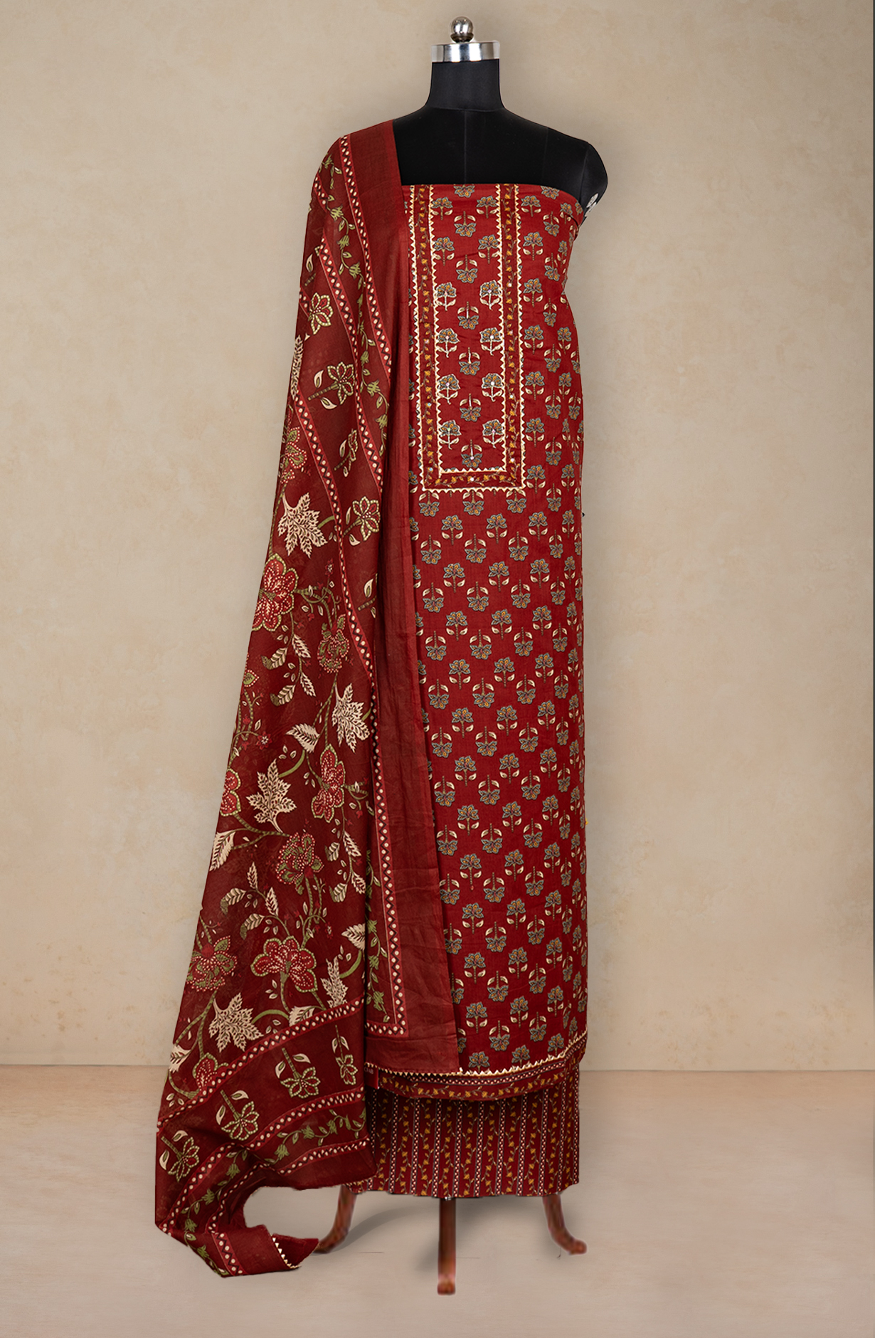 Maroon Cotton Printed Suit- Set with Cotton Dupatta - 983-4850-12A