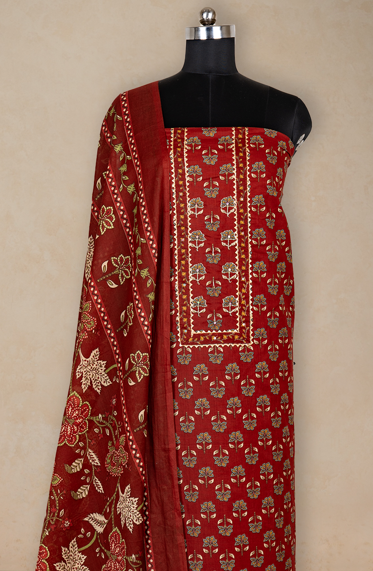 Maroon Cotton Printed Suit- Set with Cotton Dupatta - 983-4850-12A