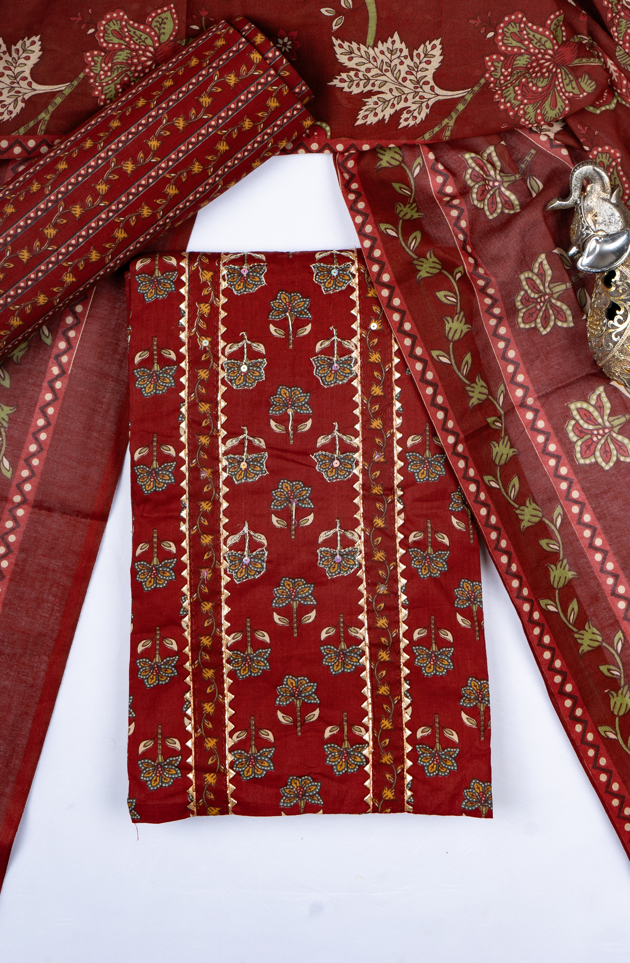 Maroon Cotton Printed Suit- Set with Cotton Dupatta - 983-4850-12A