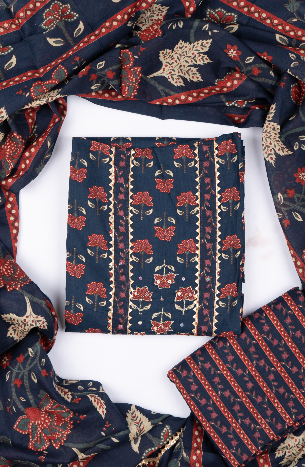 Blue Cotton Printed Suit- Set with Cotton Dupatta - 983-4850-12D