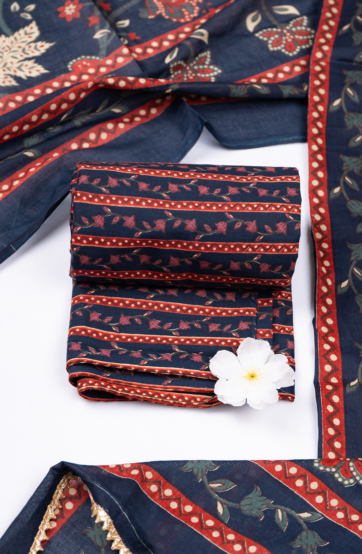 Blue Cotton Printed Suit- Set with Cotton Dupatta - 983-4850-12D