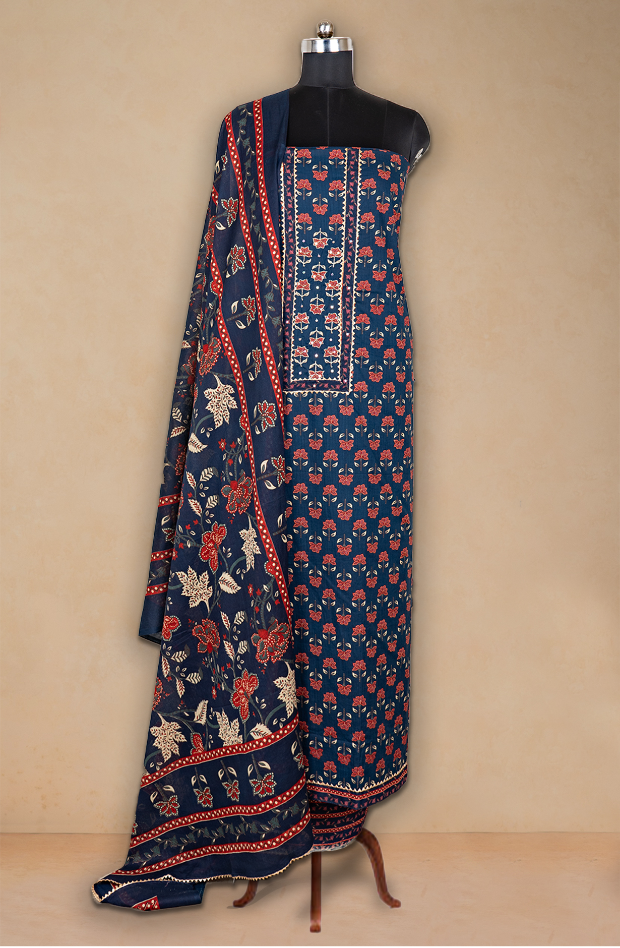 Blue Cotton Printed Suit- Set with Cotton Dupatta - 983-4850-12D