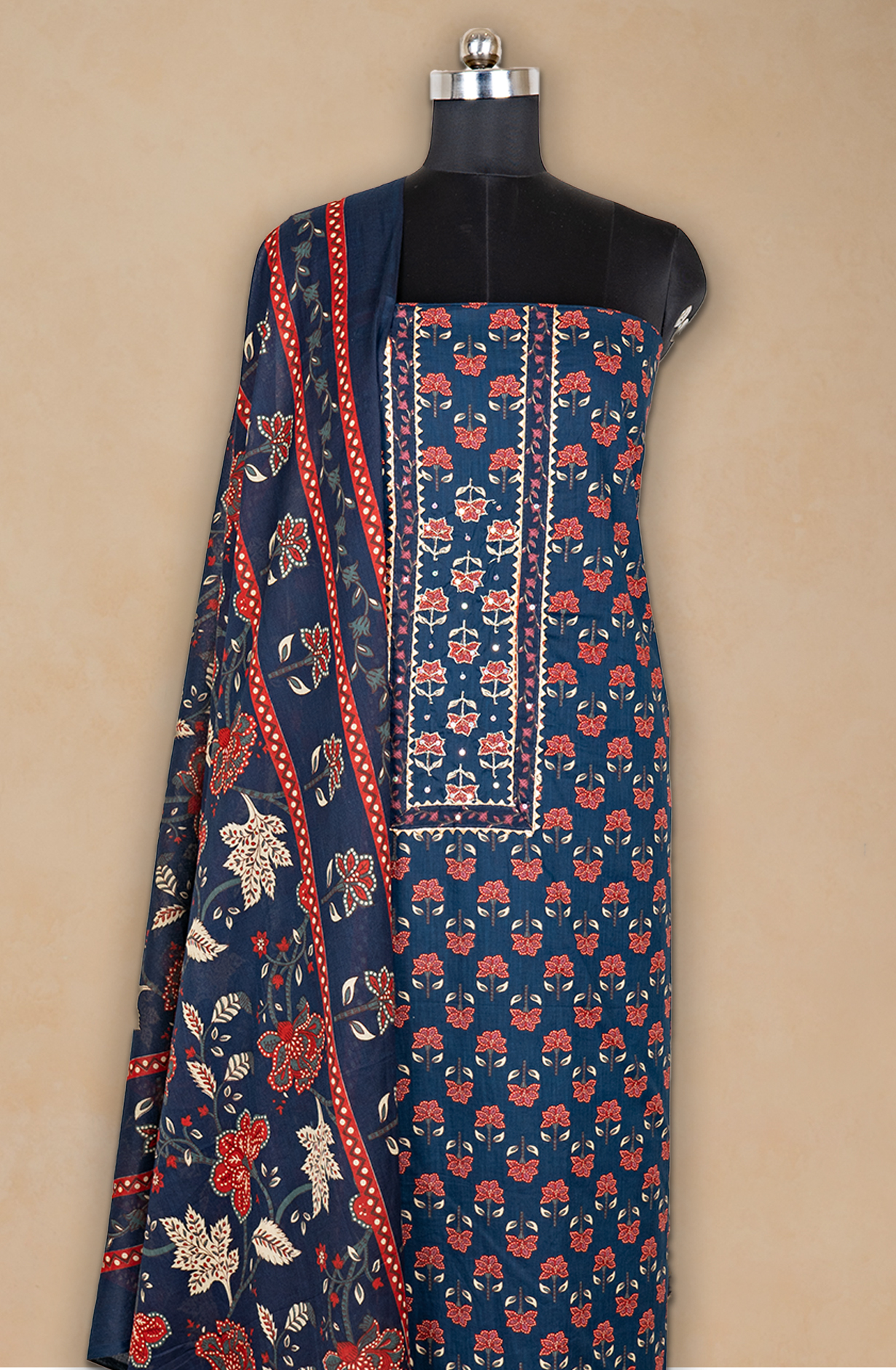 Blue Cotton Printed Suit- Set with Cotton Dupatta - 983-4850-12D