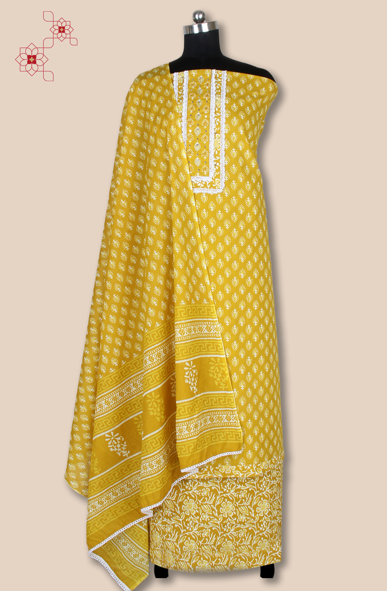 Mustard Cotton Printed Salwar Suit Fabric with Lace Work - 983-4850-3B