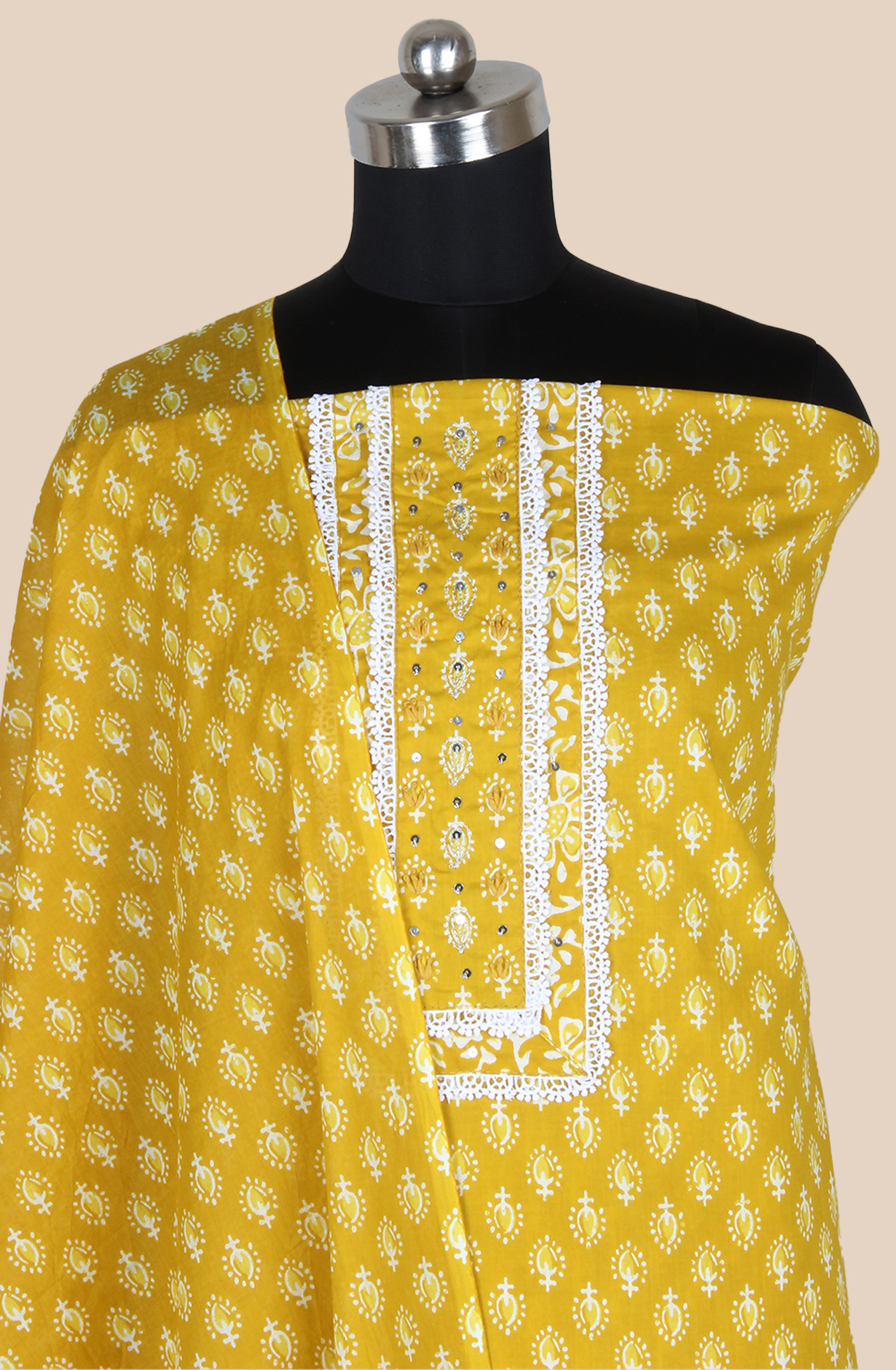 Mustard Cotton Printed Salwar Suit Fabric with Lace Work - 983-4850-3B