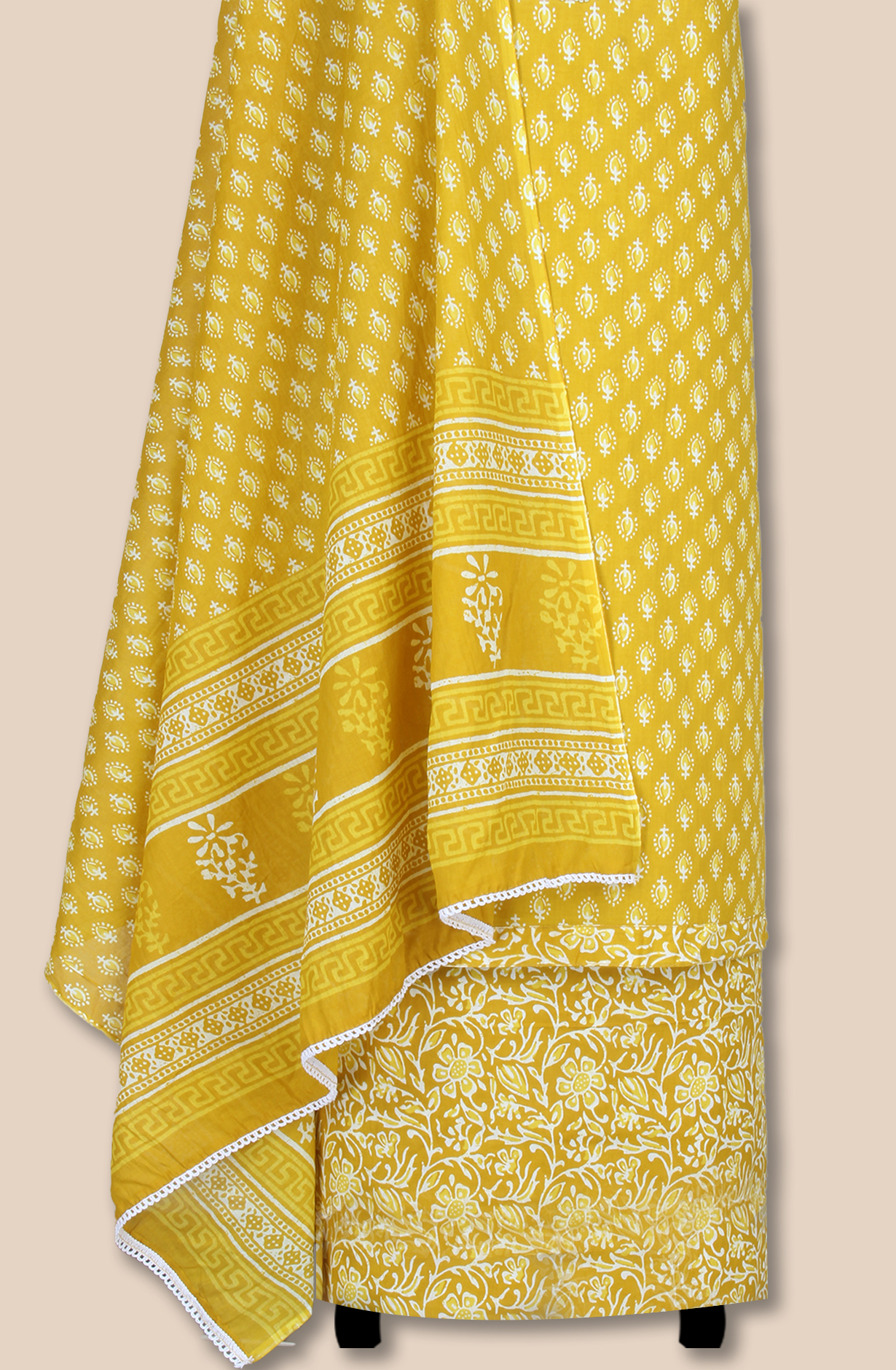 Mustard Cotton Printed Salwar Suit Fabric with Lace Work - 983-4850-3B