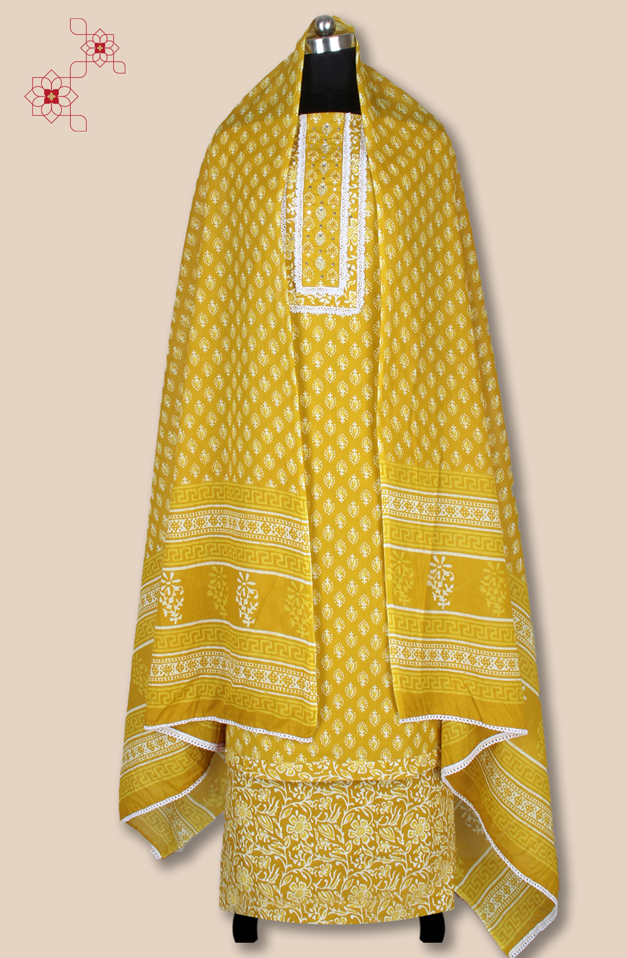 Mustard Cotton Printed Salwar Suit Fabric with Lace Work - 983-4850-3B