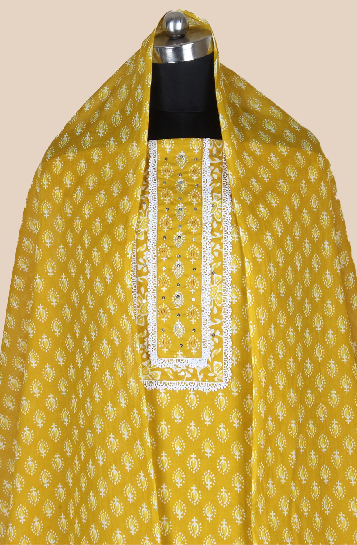Mustard Cotton Printed Salwar Suit Fabric with Lace Work - 983-4850-3B